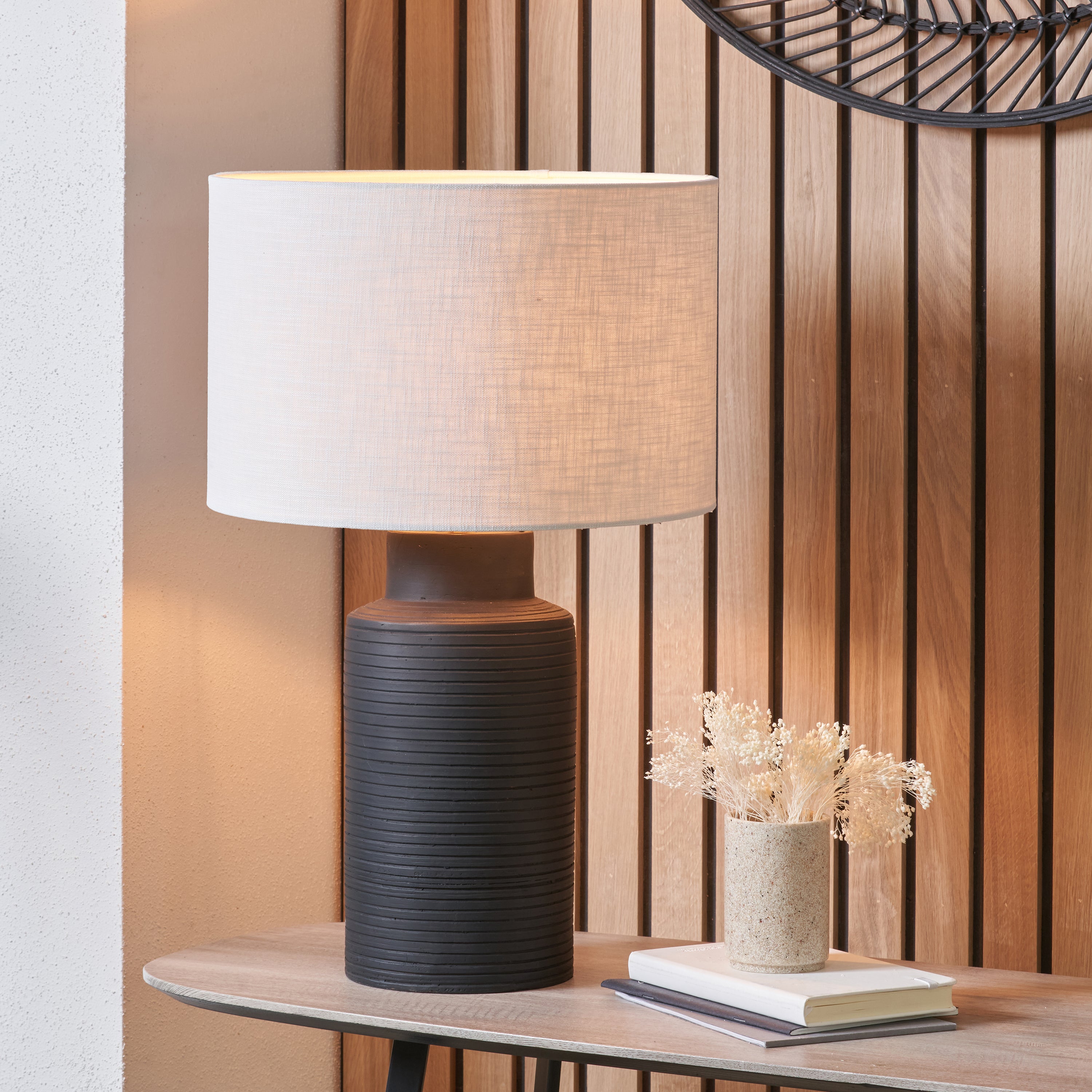Sierra Tall Ribbed Terracotta And Linen Table Lamp Black