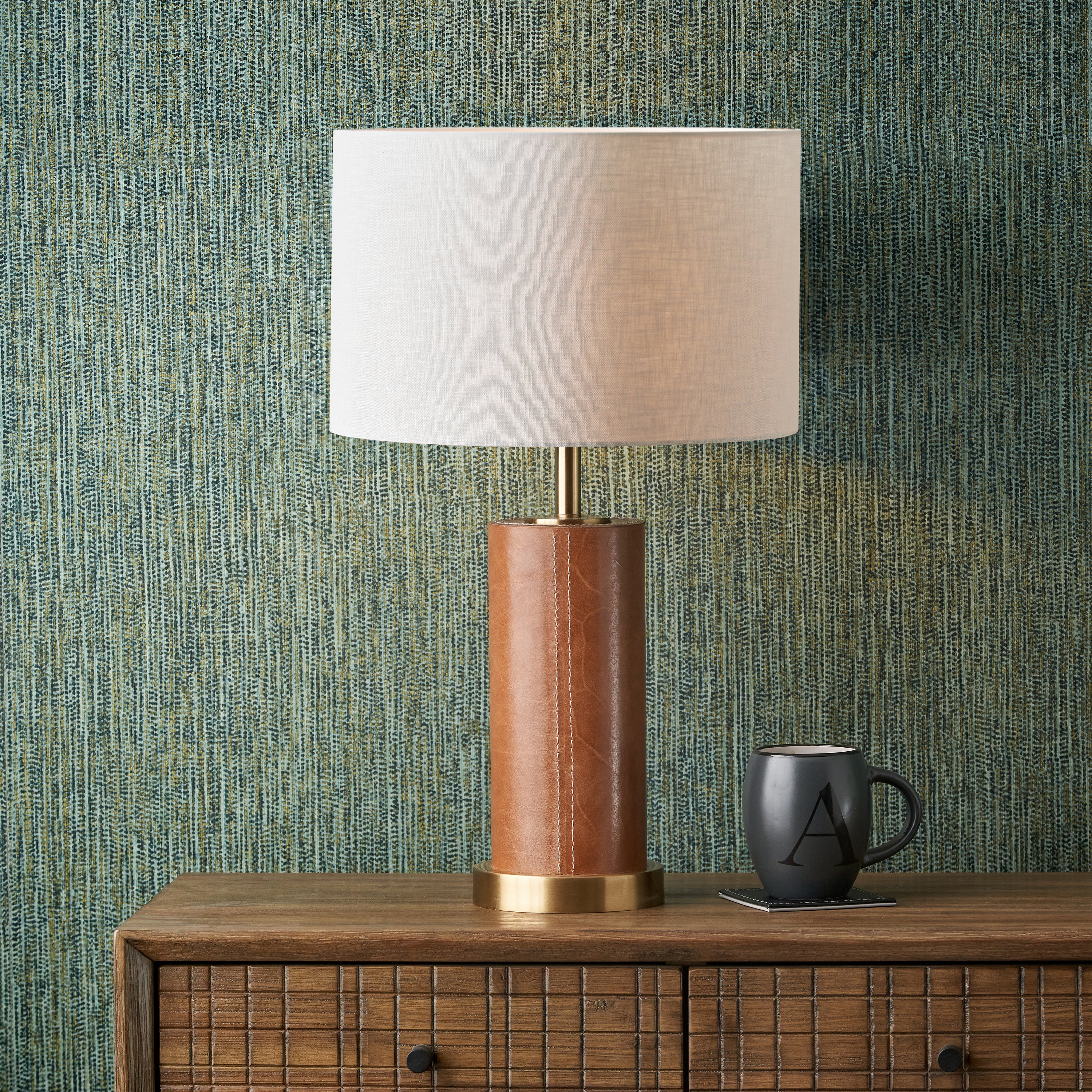 Laurence Tan Leather and Brass Cylindrical Table Lamp with 35cm Linen ...