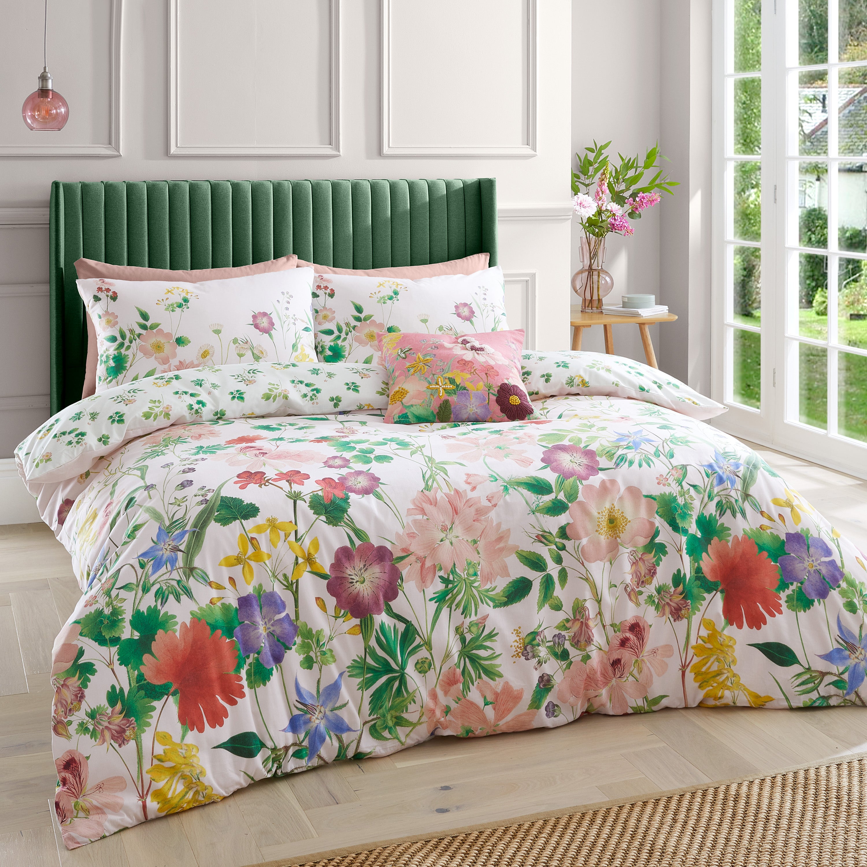 Rhs Cottage Meadow 200 Thread Count Pink Cotton Reversible Duvet Cover And Pillowcase Set Pinkwhitegreen