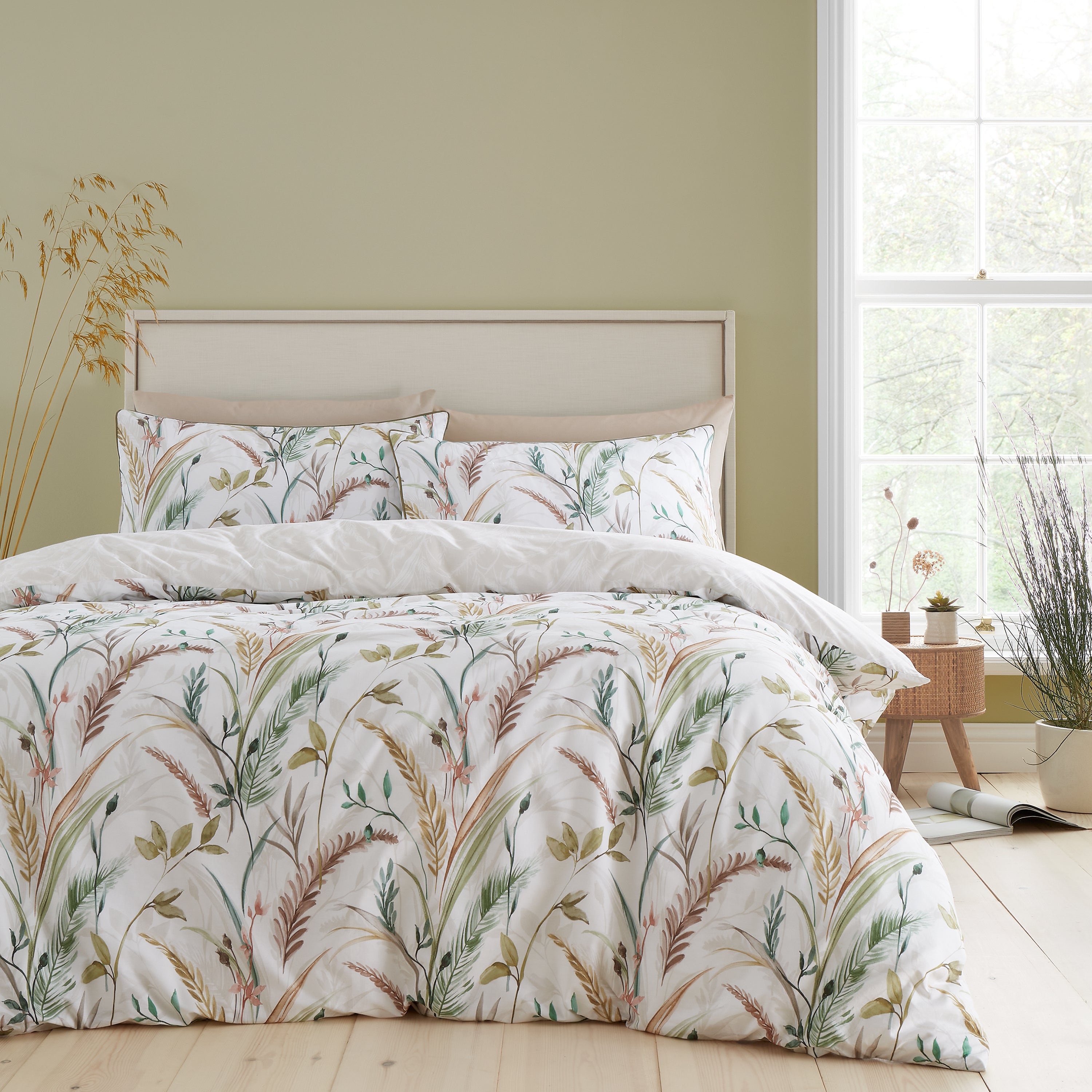 Rhs Ornamental Grasses 200 Thread Count Natural Cotton Reversible Duvet Cover And Pillowcase Set Whitebrowngreen