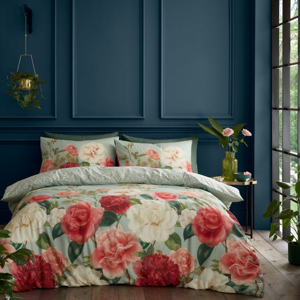 RHS Rose Garden 200 Thread Count Green Cotton Reversible Duvet Cover and Pillowcase Set image 1 of 5