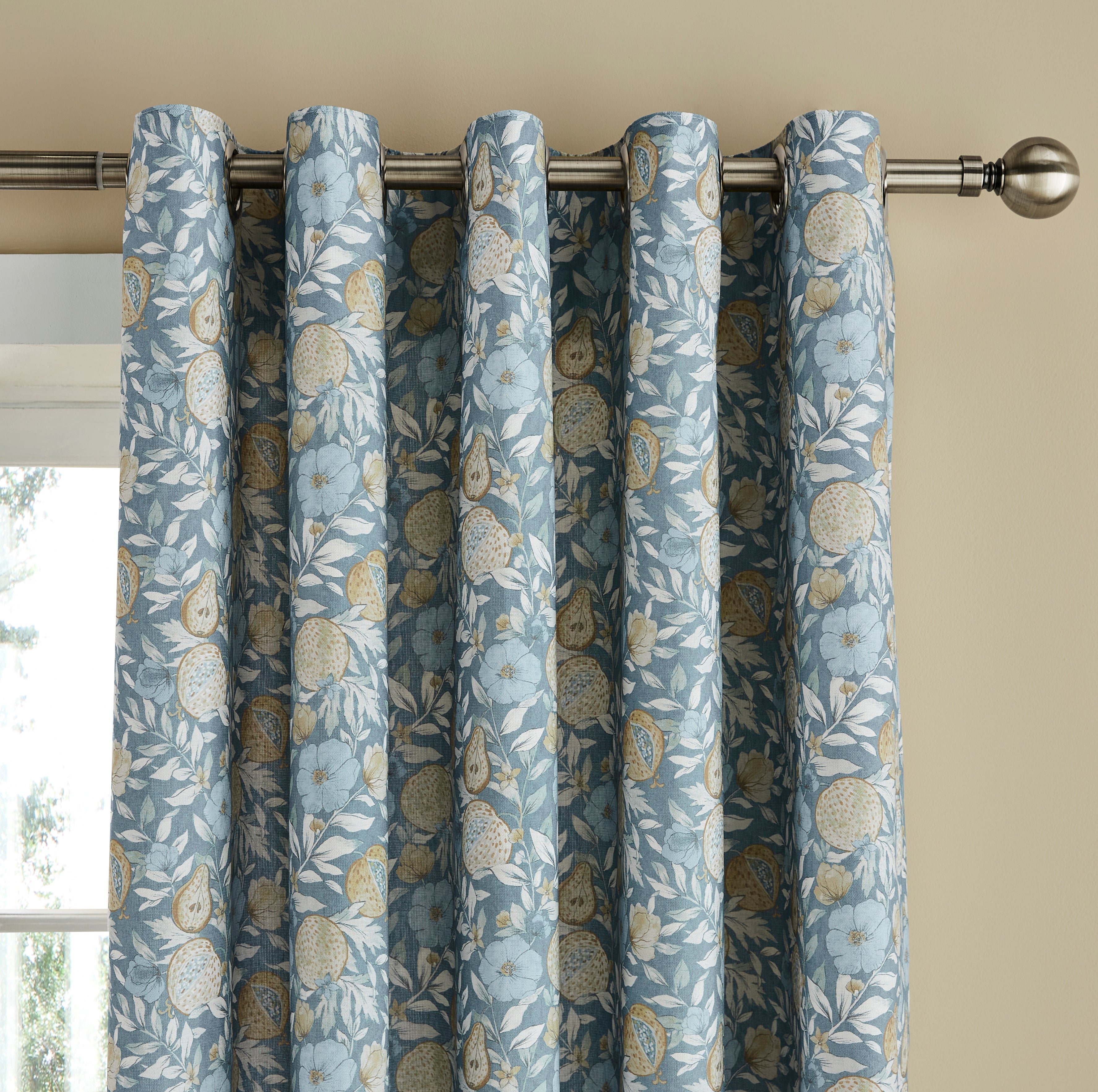 Orchard Fruits Eyelet Curtain Blue