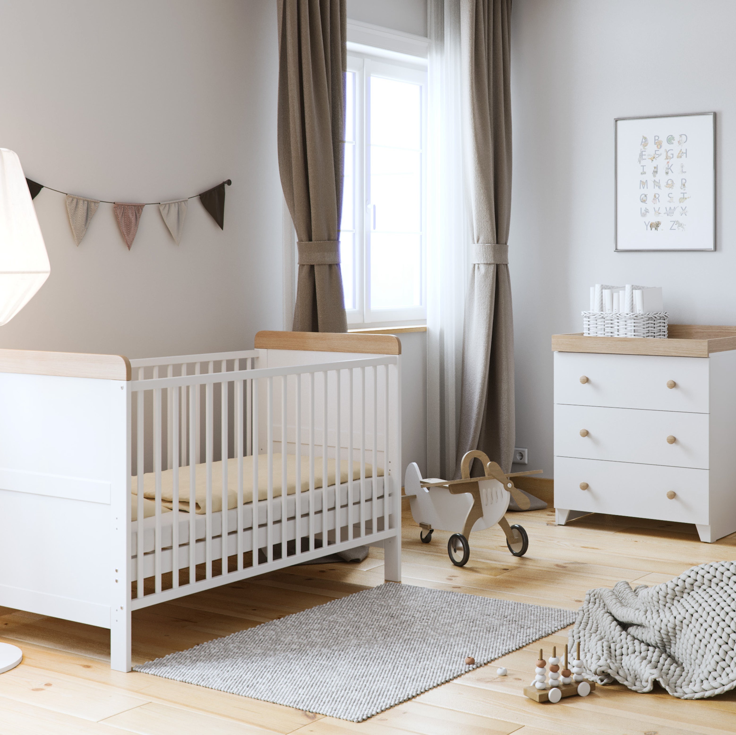 Little Acorns Classic Oak Effect Cot Bed and 3 Drawer Chest Nursery Set