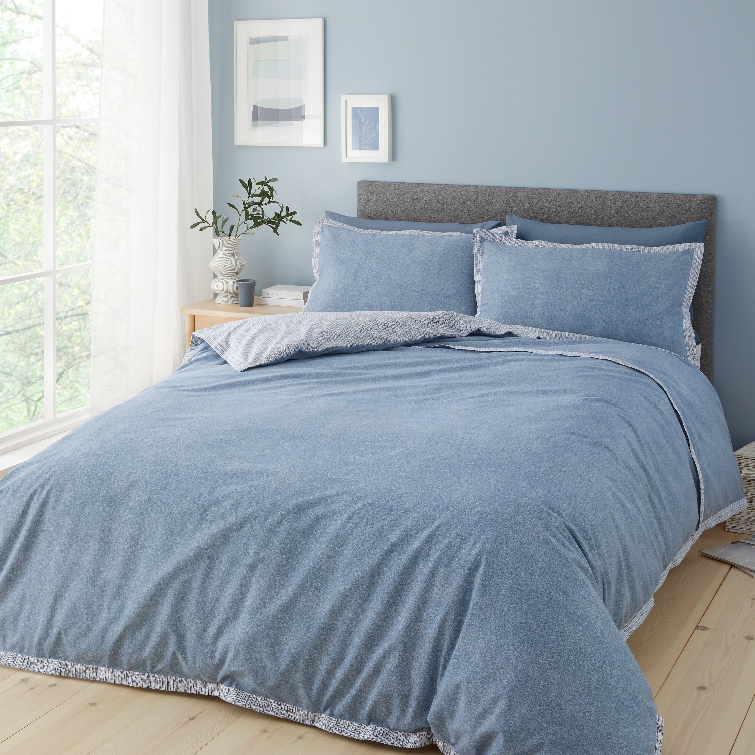 Catherine Lansfield Oslo Textured Trim Denim Blue Duvet Cover And Pillowcase Set Denim Blue