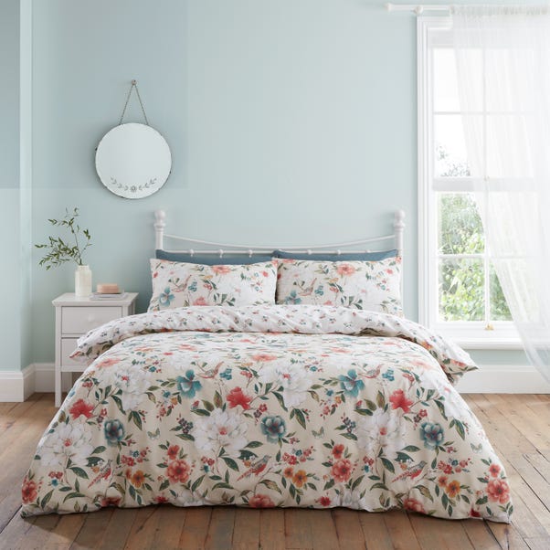 Catherine Lansfield Pippa Floral Birds Natural Duvet Cover and Pillowcase Set image 1 of 6