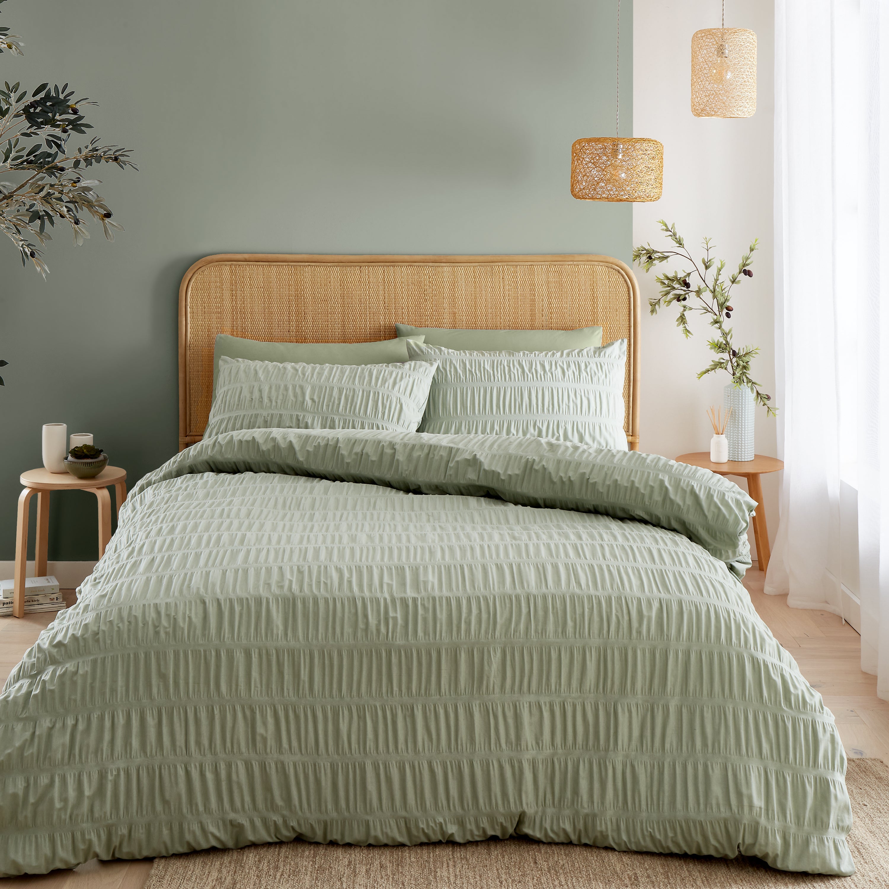 Photos - Bed Linen Catherine Lansfield Seersucker Sage Green Duvet Cover and Pillowcase Set S 