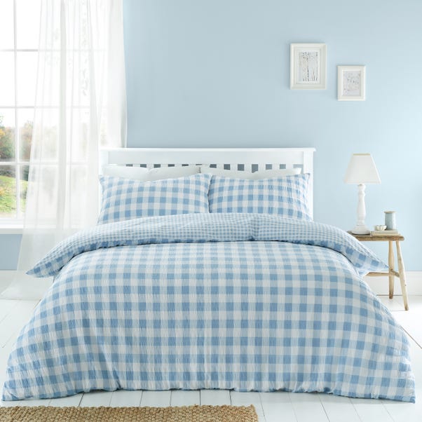 Catherine Lansfield Seersucker Gingham Check Blue Duvet Cover and Pillowcase Set image 1 of 5