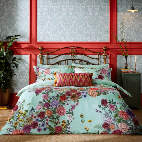Matthew Williamson Floral Bloom 200 Thread Count Cotton Mint Green Duvet Cover and Pillowcase Set image 1 of 6