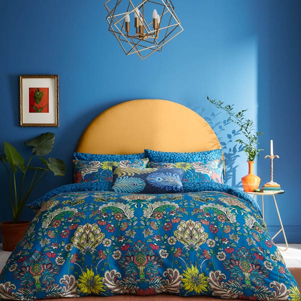 Matthew Williamson Gardenia Floral Damask 200 Thread Count Cotton Blue Duvet Cover and Pillowcase Set image 1 of 6
