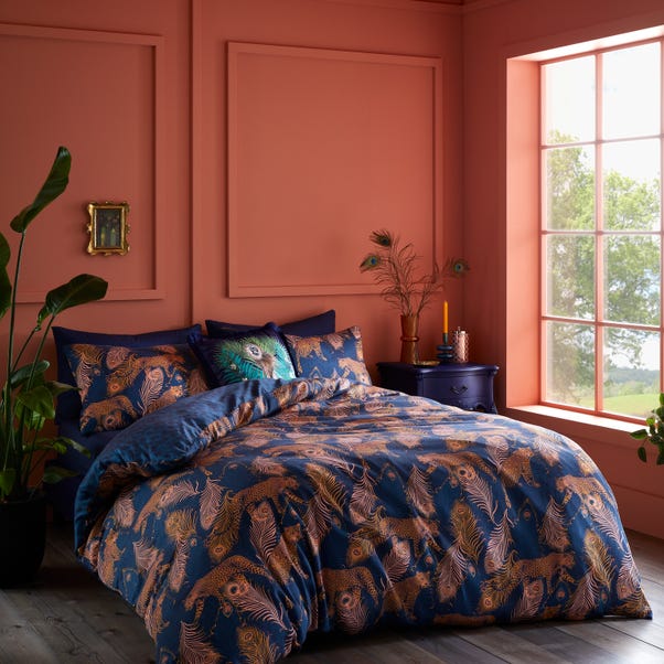 Matthew Williamson Peacock Leopard 200 Thread Count Cotton Navy Duvet Cover and Pillowcase Set image 1 of 4