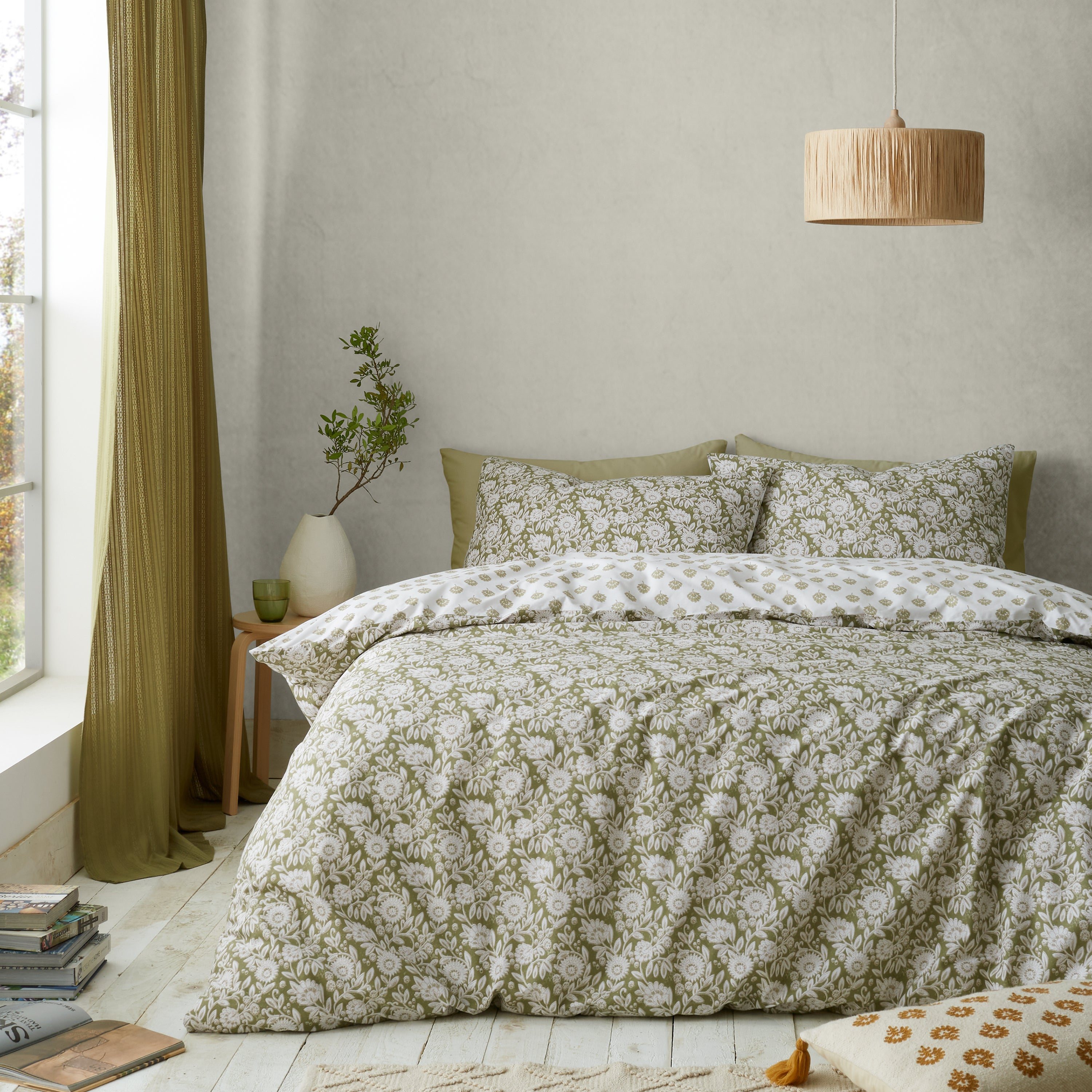 Photos - Bed Linen Elephant Pineapple  Tangier Floral Olive Green Duvet Cover and Pillowcase S 