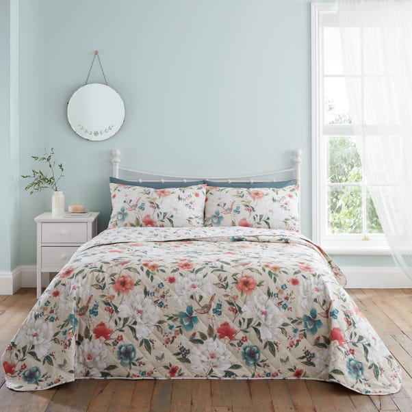 Catherine Lansfield Pippa Floral Bird Natural Bedspread 220cm x 230cm image 1 of 3