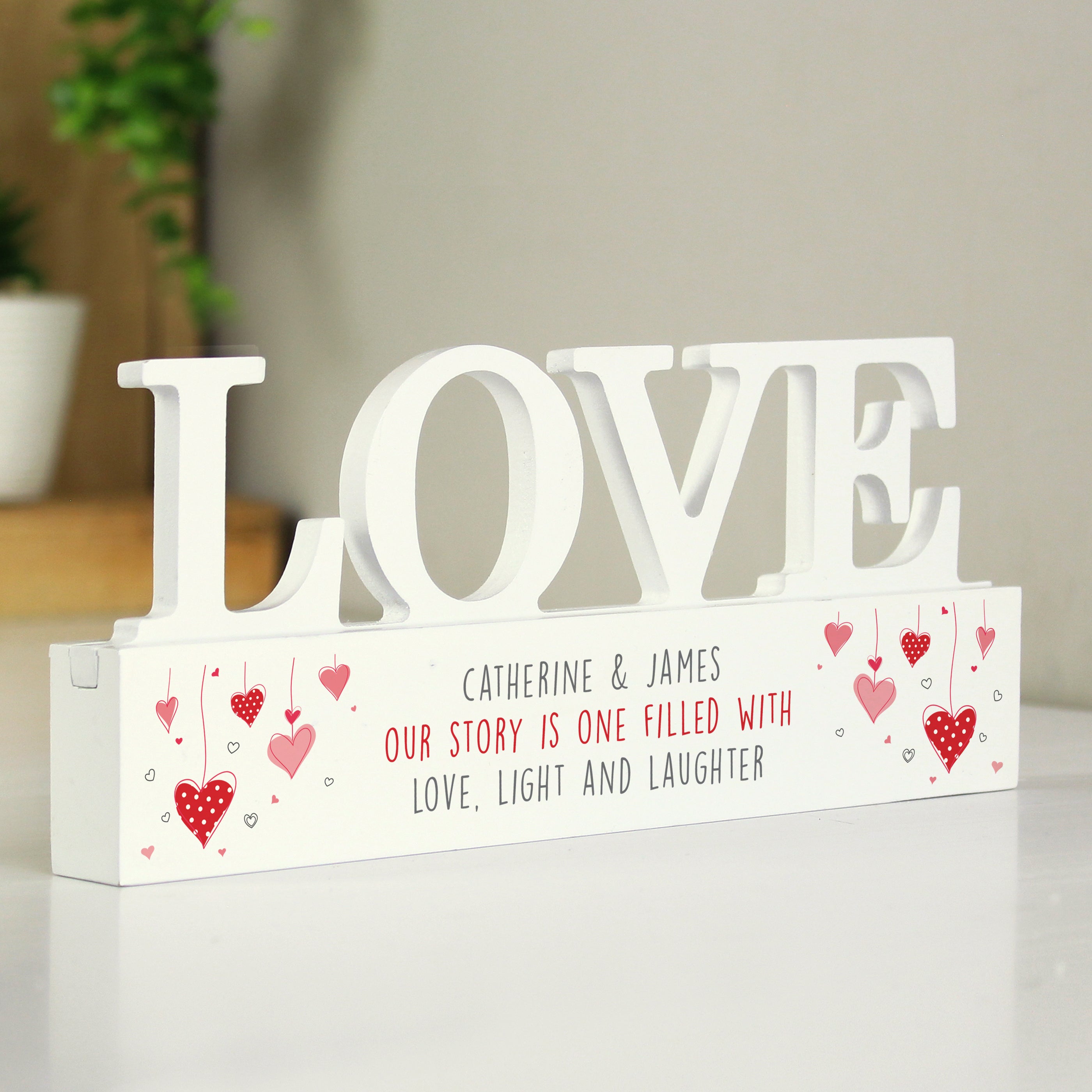 Personalised Love Wooden Ornament With Red Hearts Design White