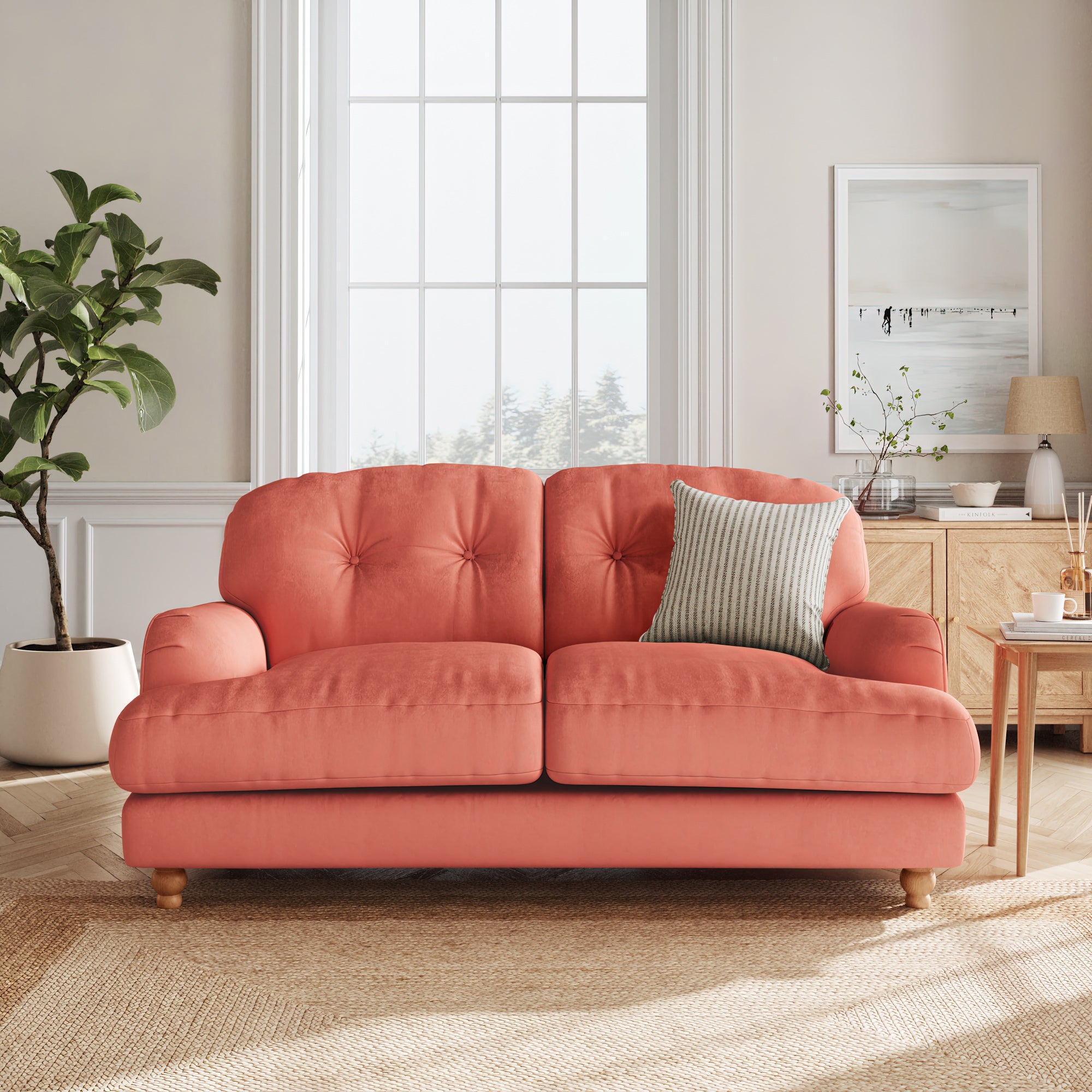 Martha Matte Plush Velvet 2 Seater Sofa Matte Plush Velvet Bright Coral