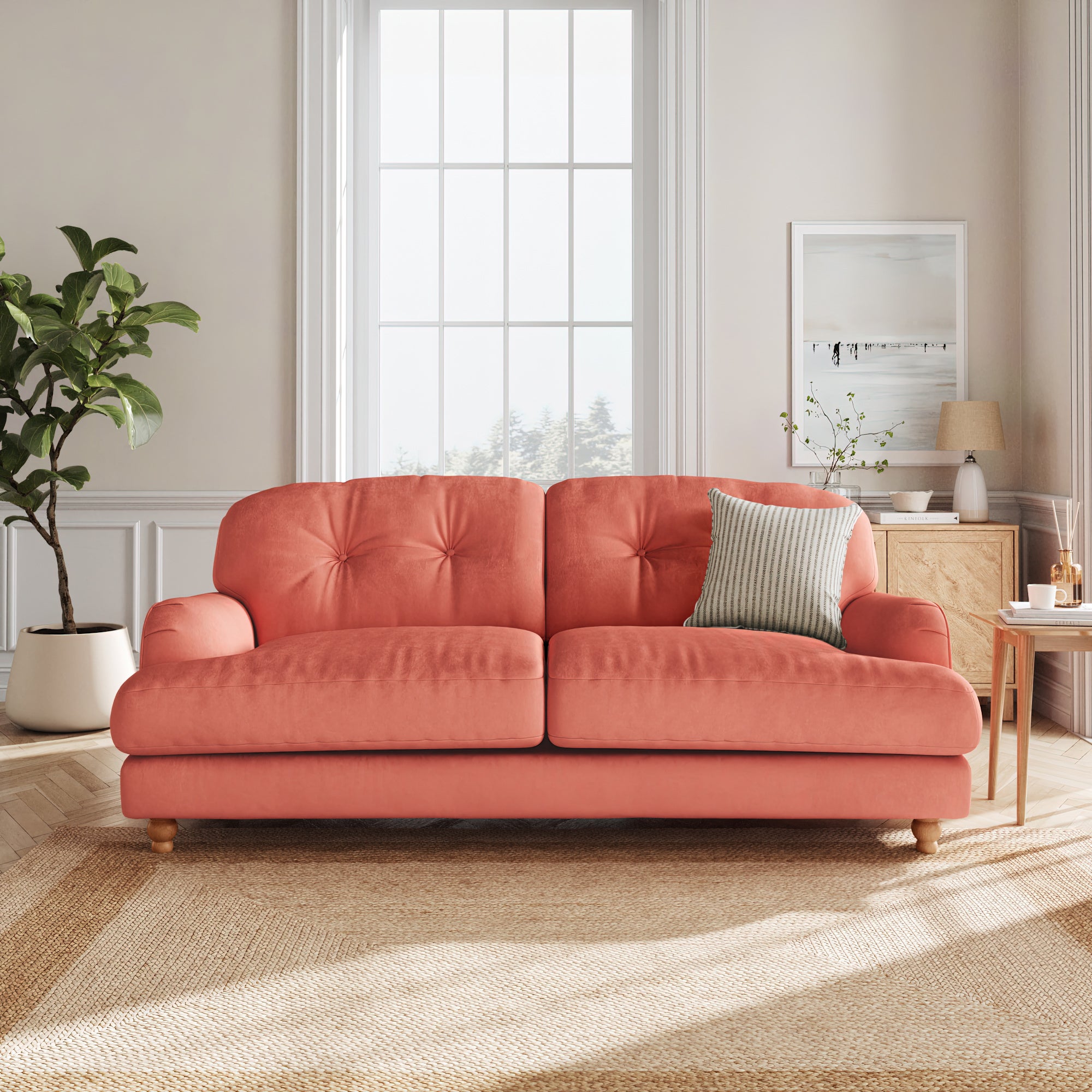 Martha Matte Plush Velvet 3 Seater Sofa Matte Plush Velvet Bright Coral