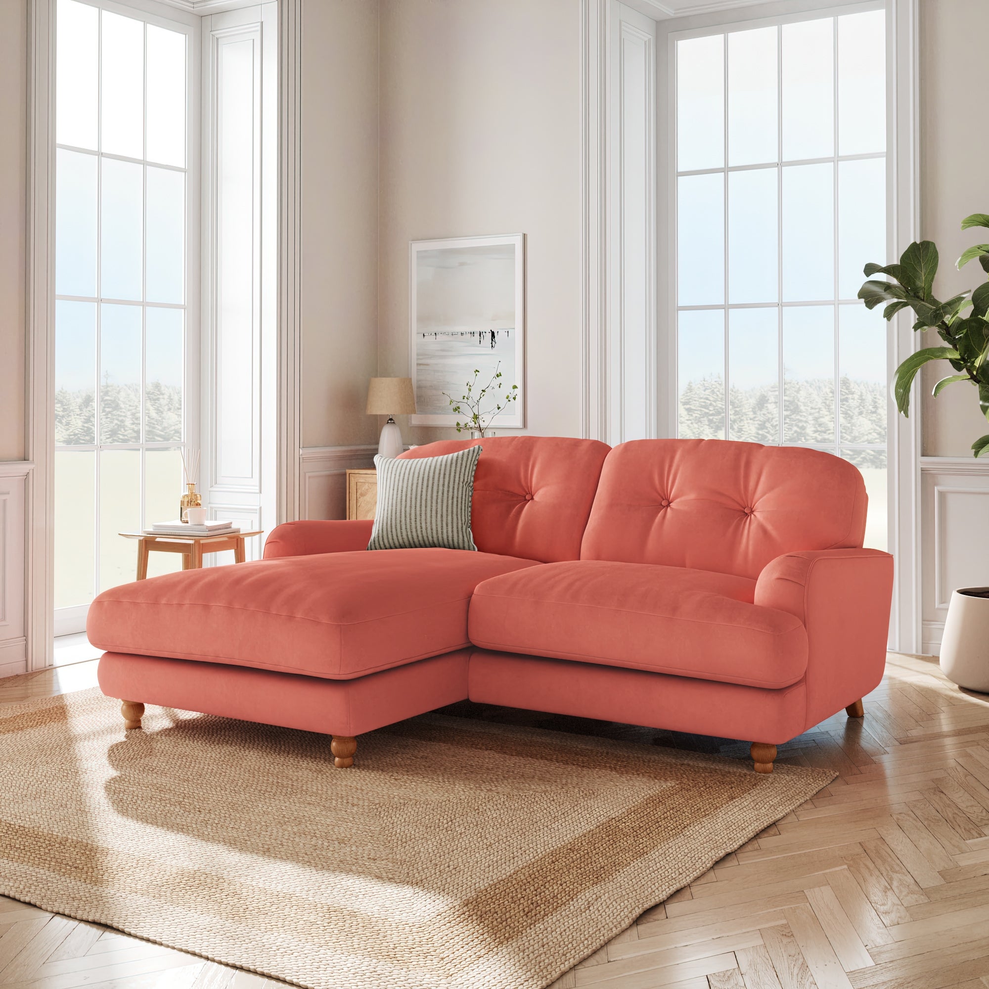 Martha Corner Chaise Sofa Matte Plush Velvet Matte Plush Velvet Bright Coral