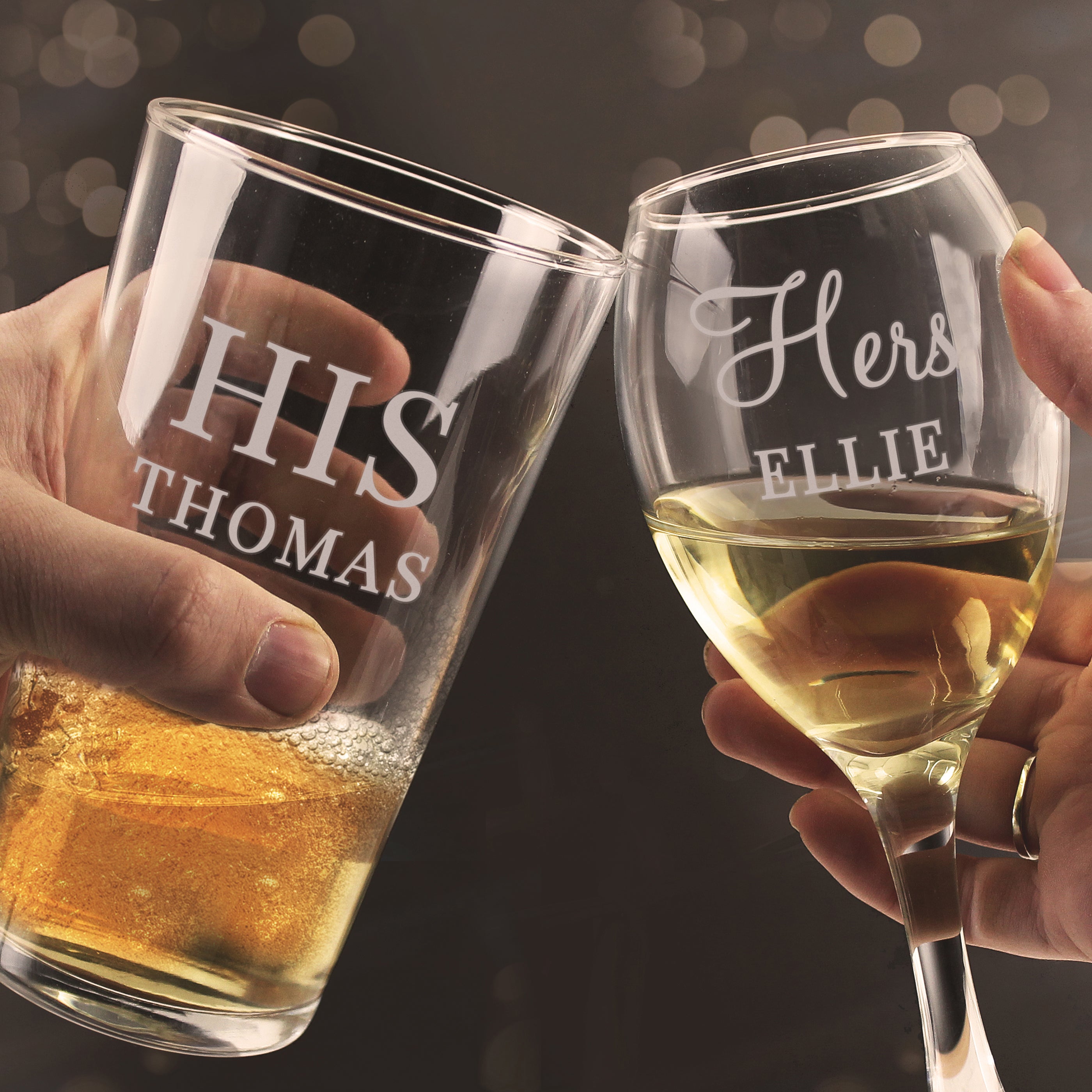 Personalised His Her Pint And Wine Glass Set Clear
