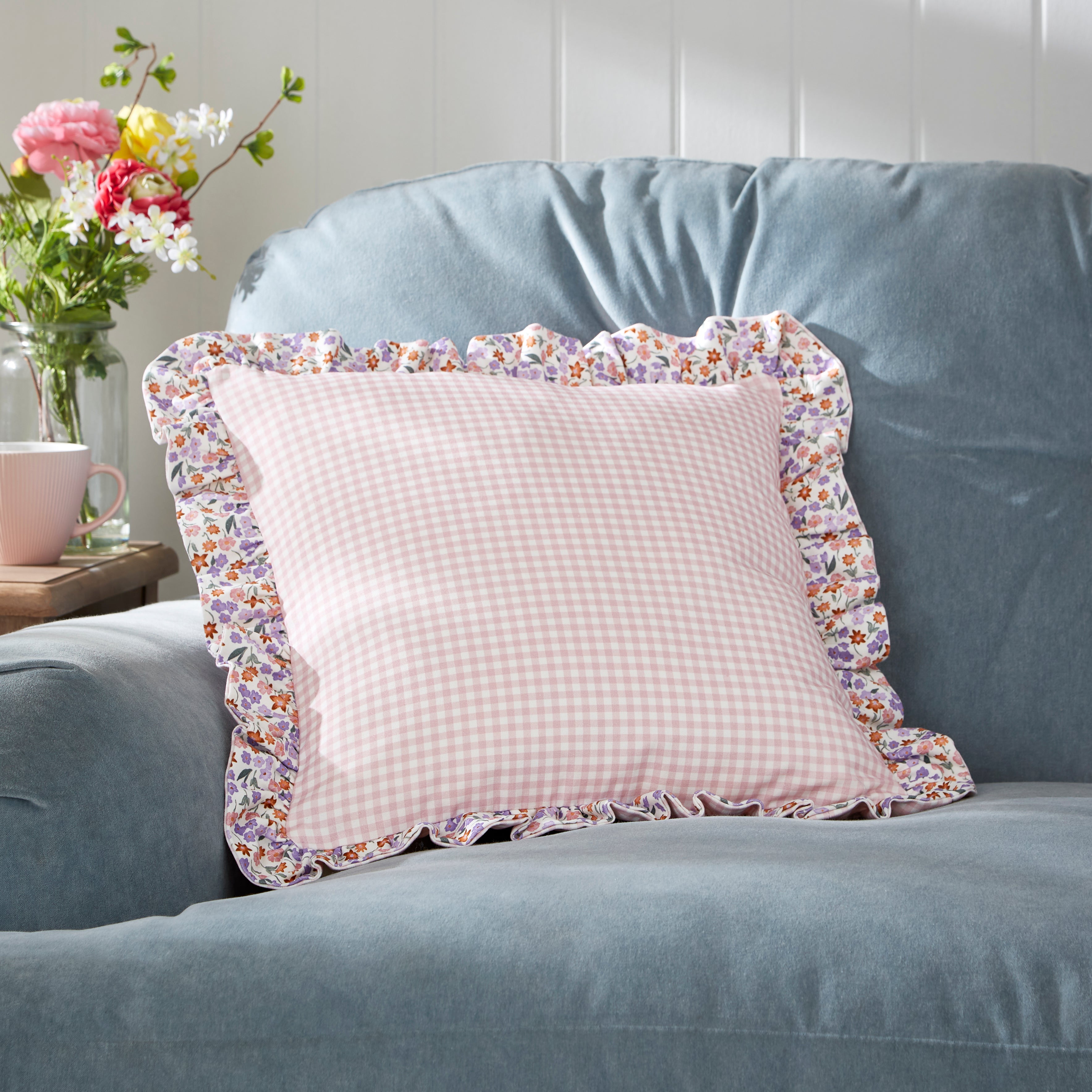 Elsie Gingham Square Cushion Rose