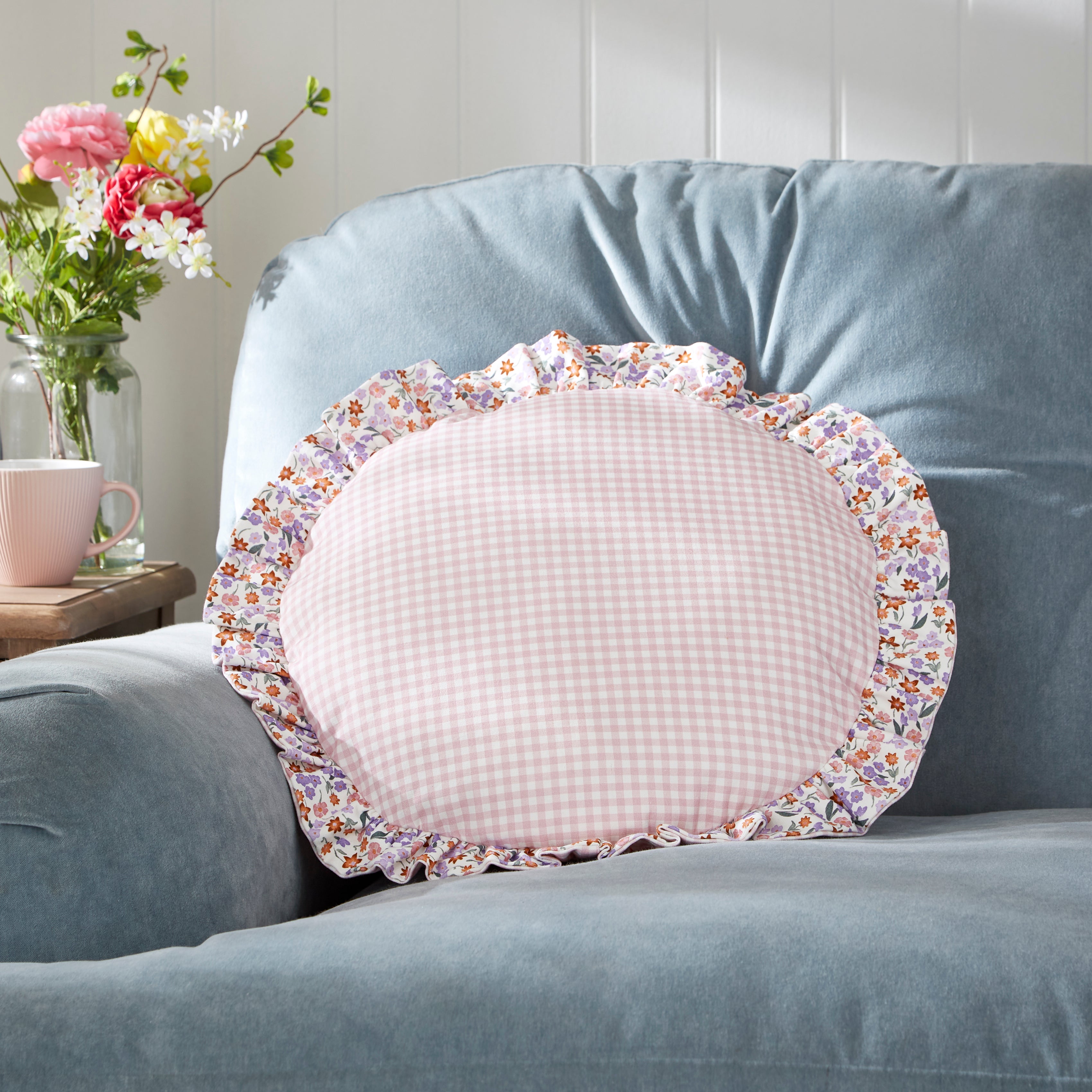 Elsie Gingham Round Cushion Rose