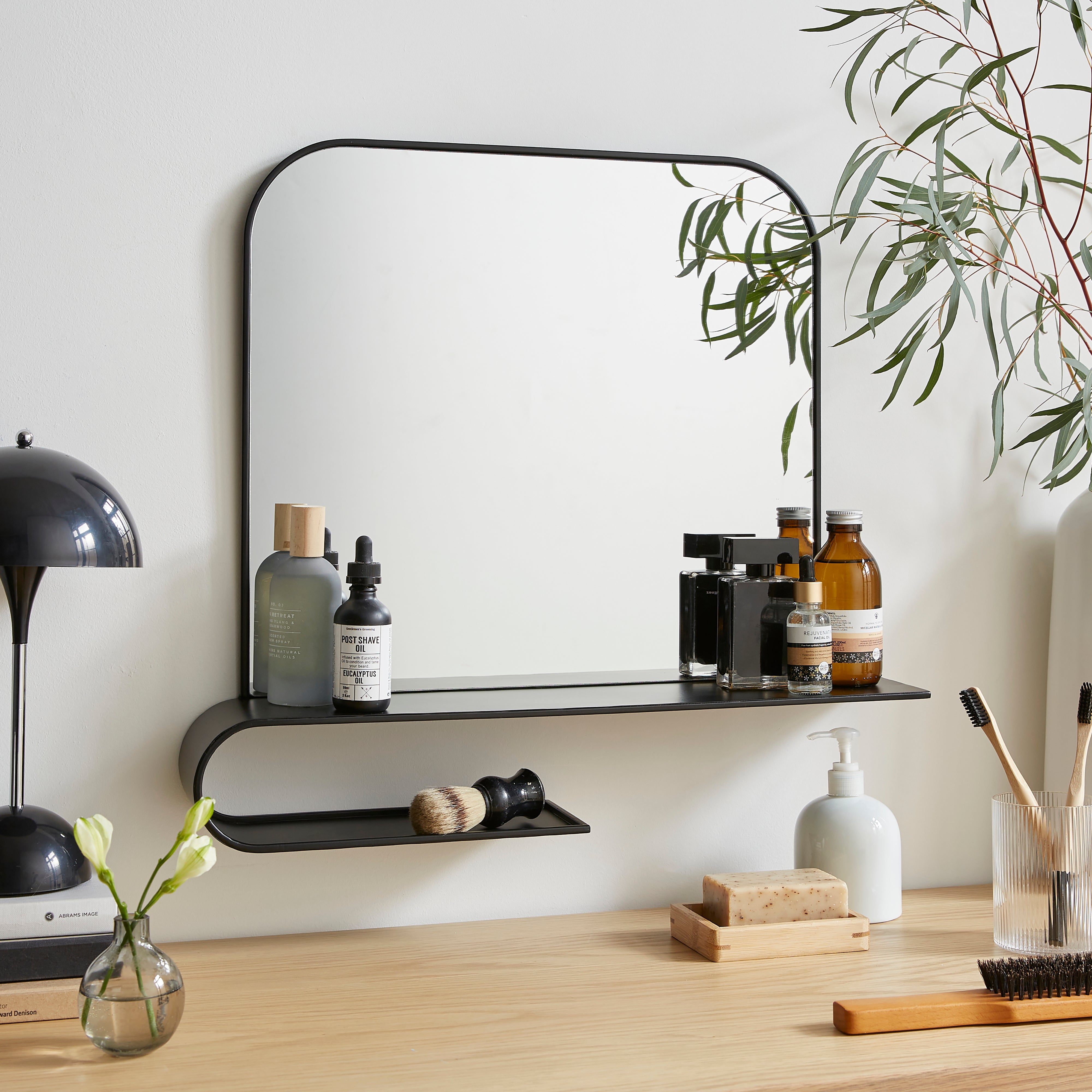 Elements Squoval Wall Mirror With Curling Shelf Black