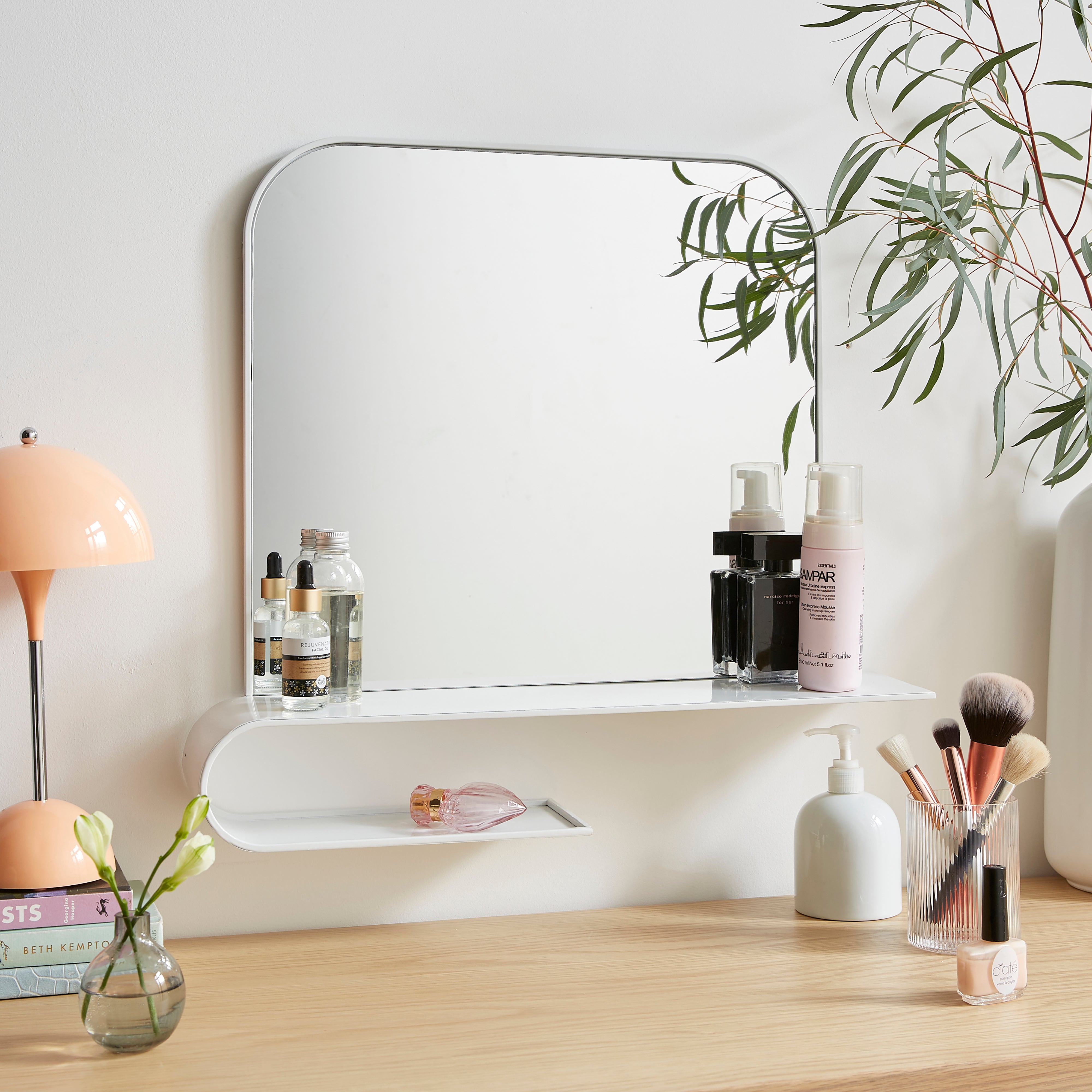 Elements Squoval Wall Mirror With Curling Shelf White