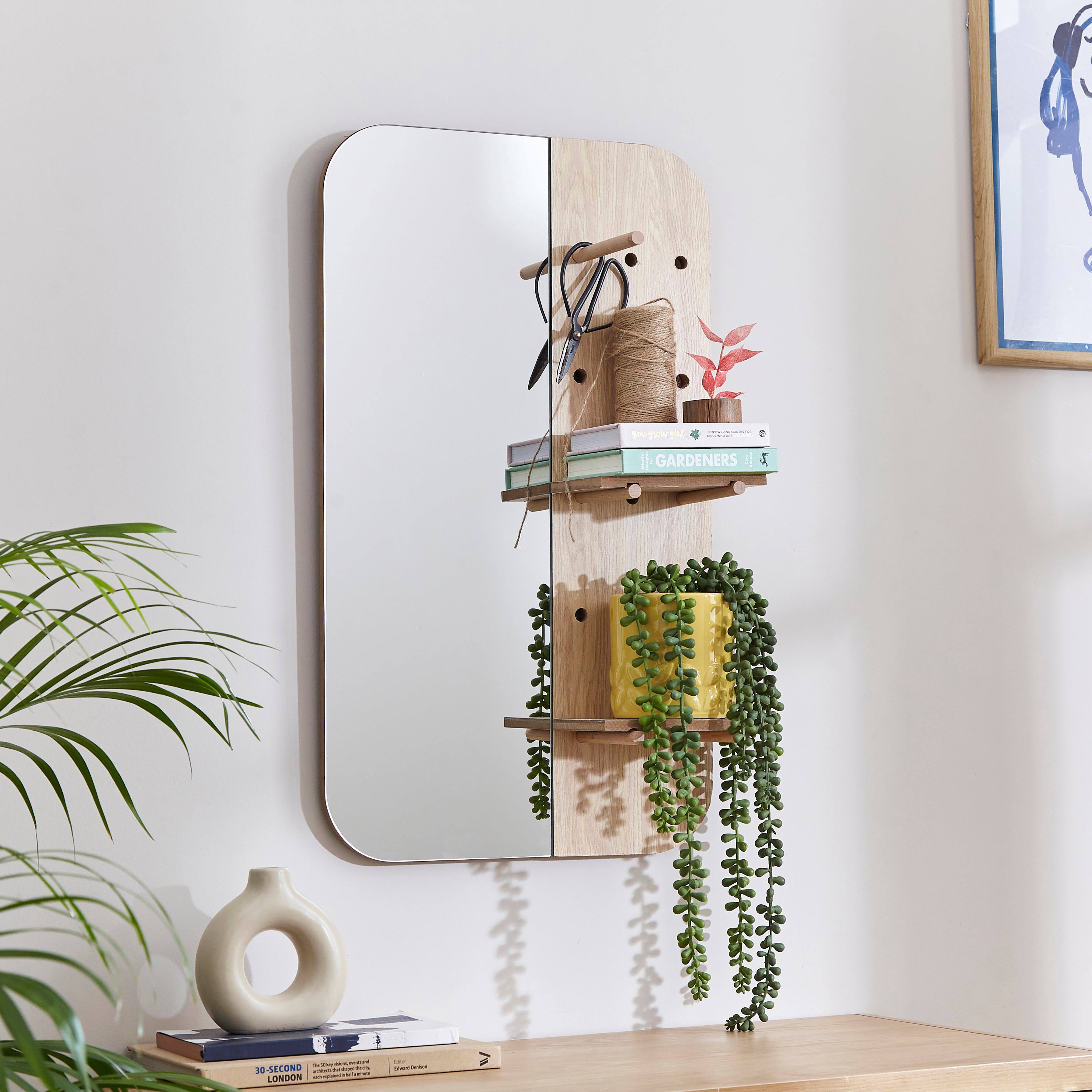 Wooden Rectangle Wall Mirror With Shelves Natural