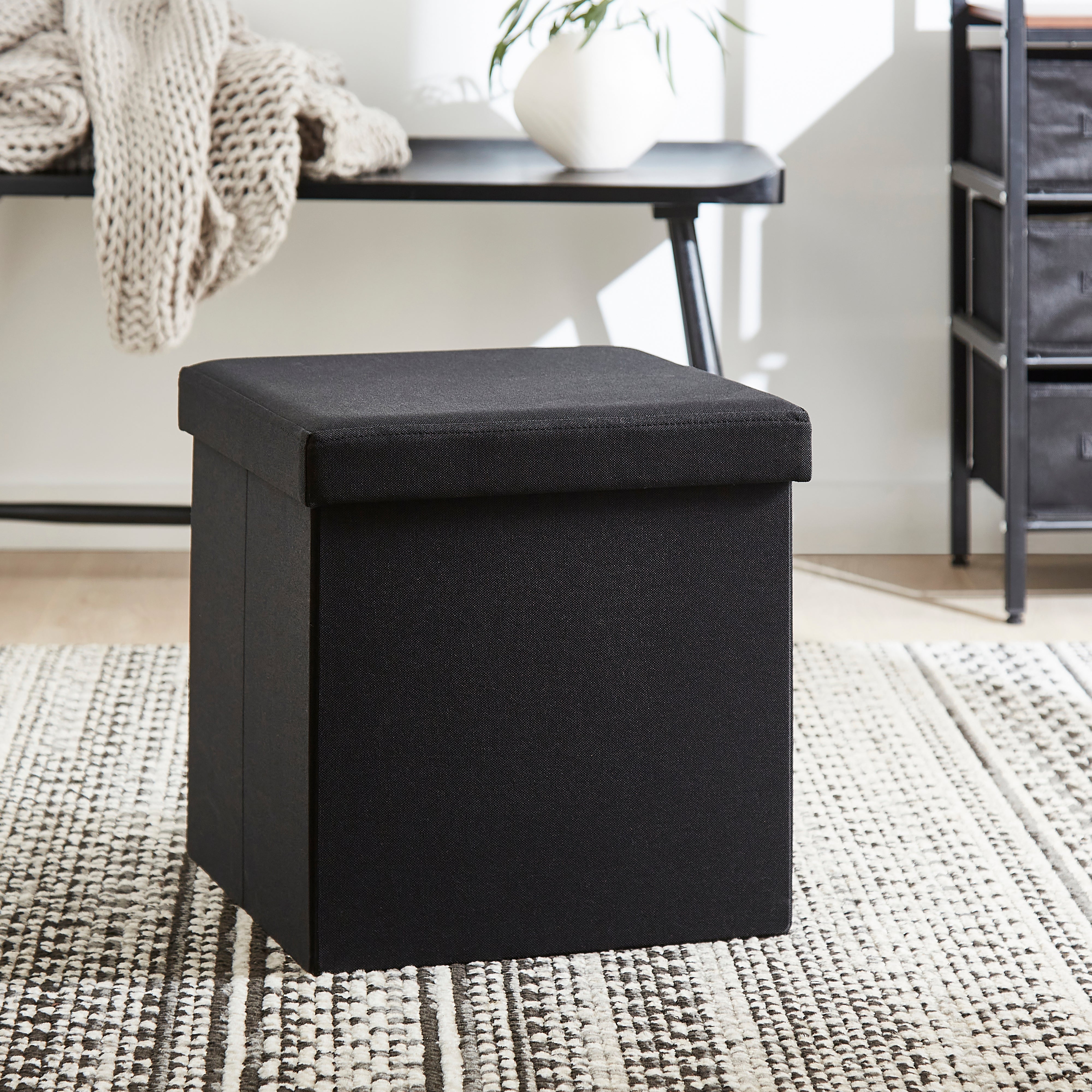 Faux Linen Cube Ottoman Black