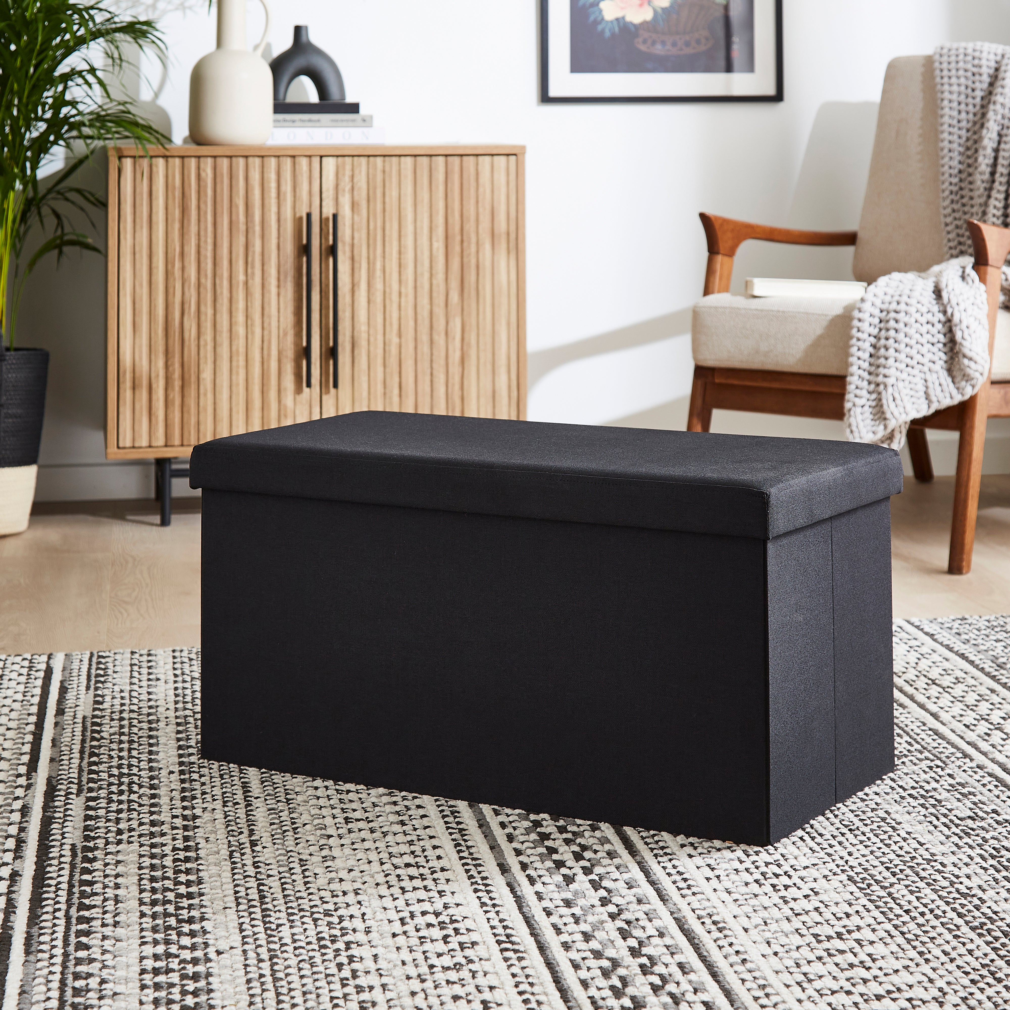 Faux Linen Rectangular Ottoman Black