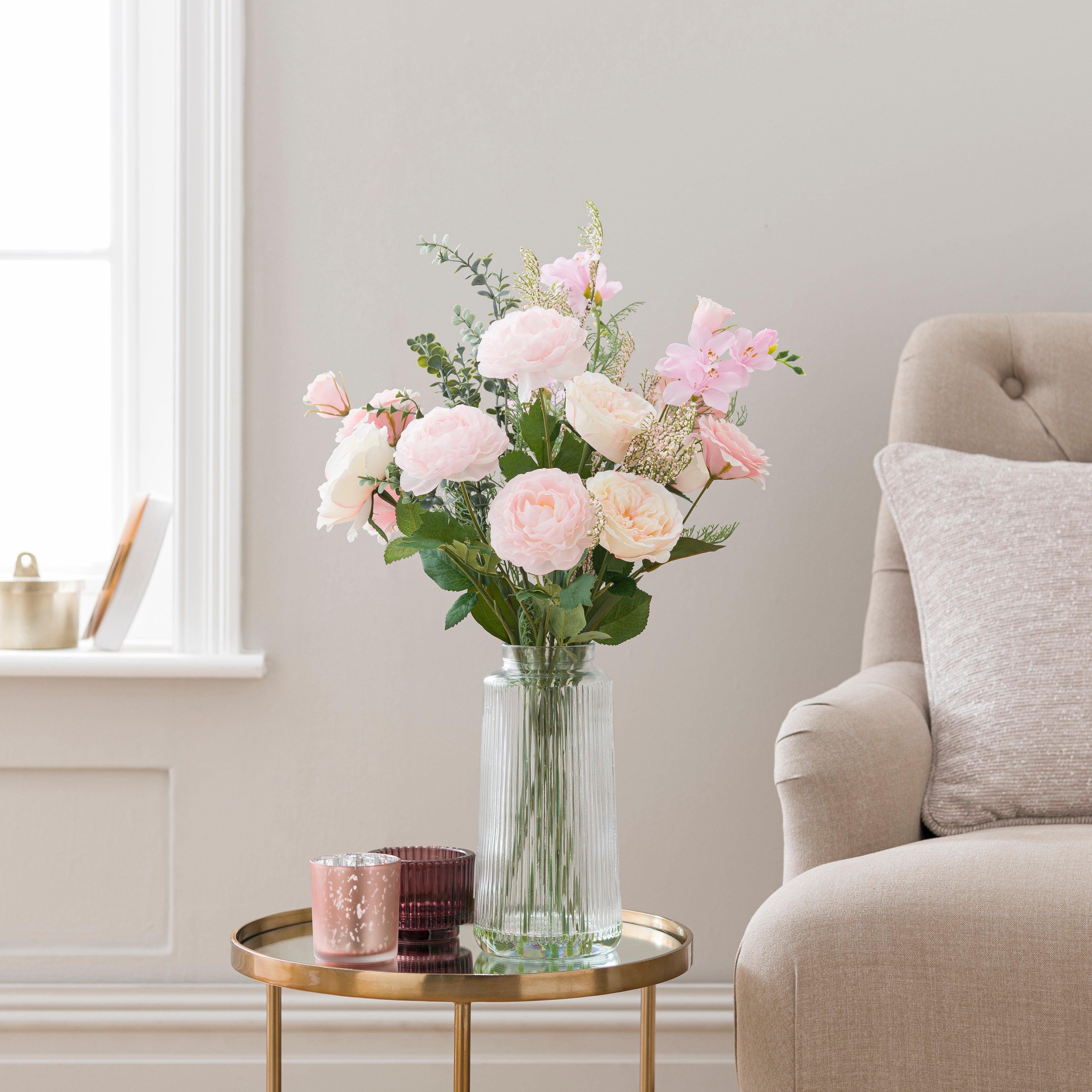 Artificial Peony Bouquet in Ribbed Glass Vase
