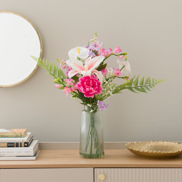 Click to view product details and reviews for Artificial Tiger Lily Bouquet In Ribbed Glass Vase.