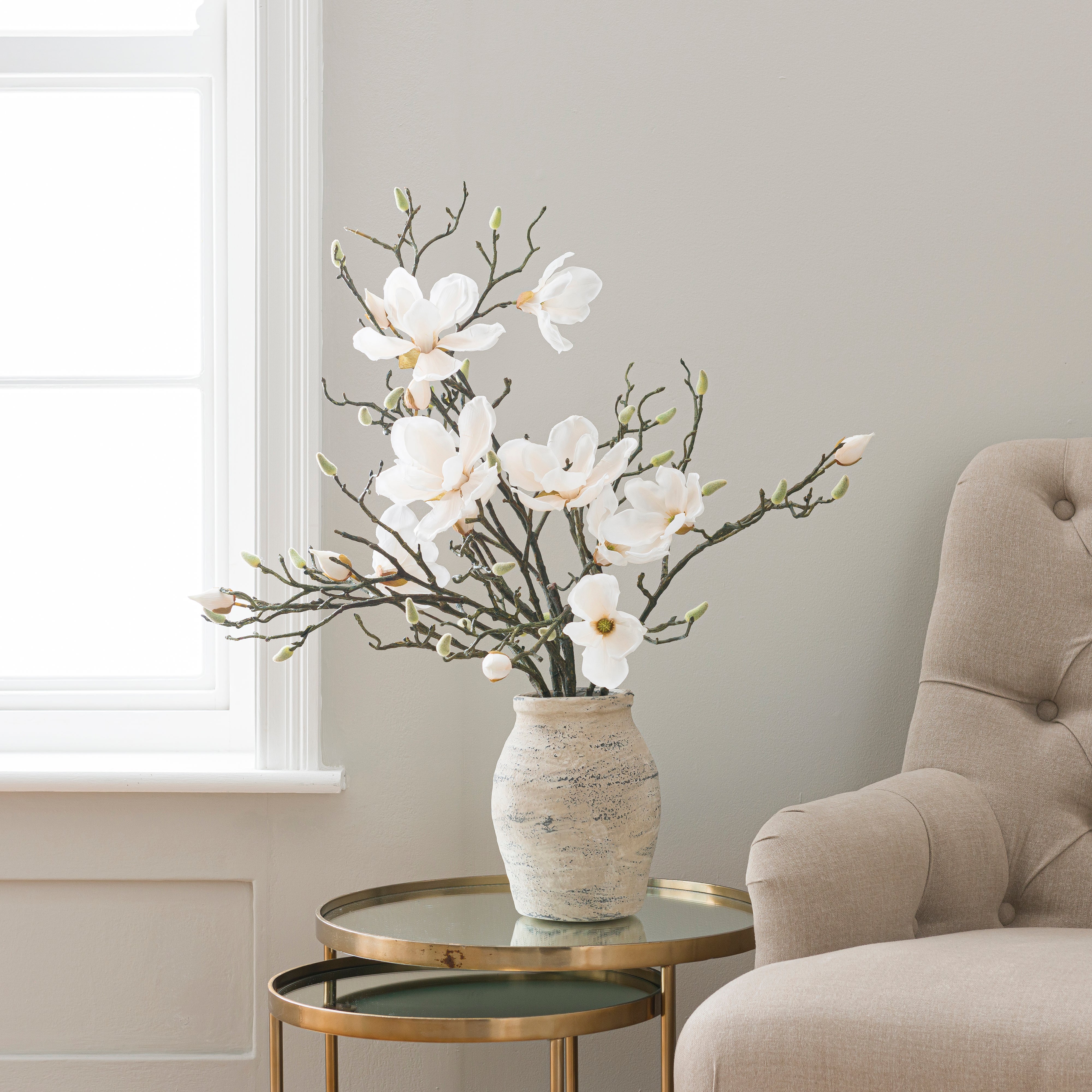 Artificial White Magnolia in Washed Grey Resin Vase