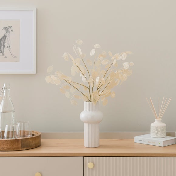 Click to view product details and reviews for Artificial Honesty Spray Bouquet In Ribbed White Ceramic Vase.