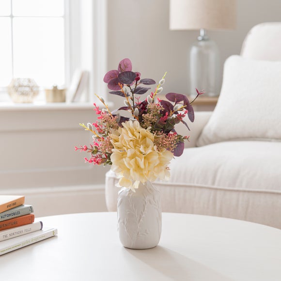 Click to view product details and reviews for Artificial Hydrangea Foliage Bouquet In Textured White Floral Vase.