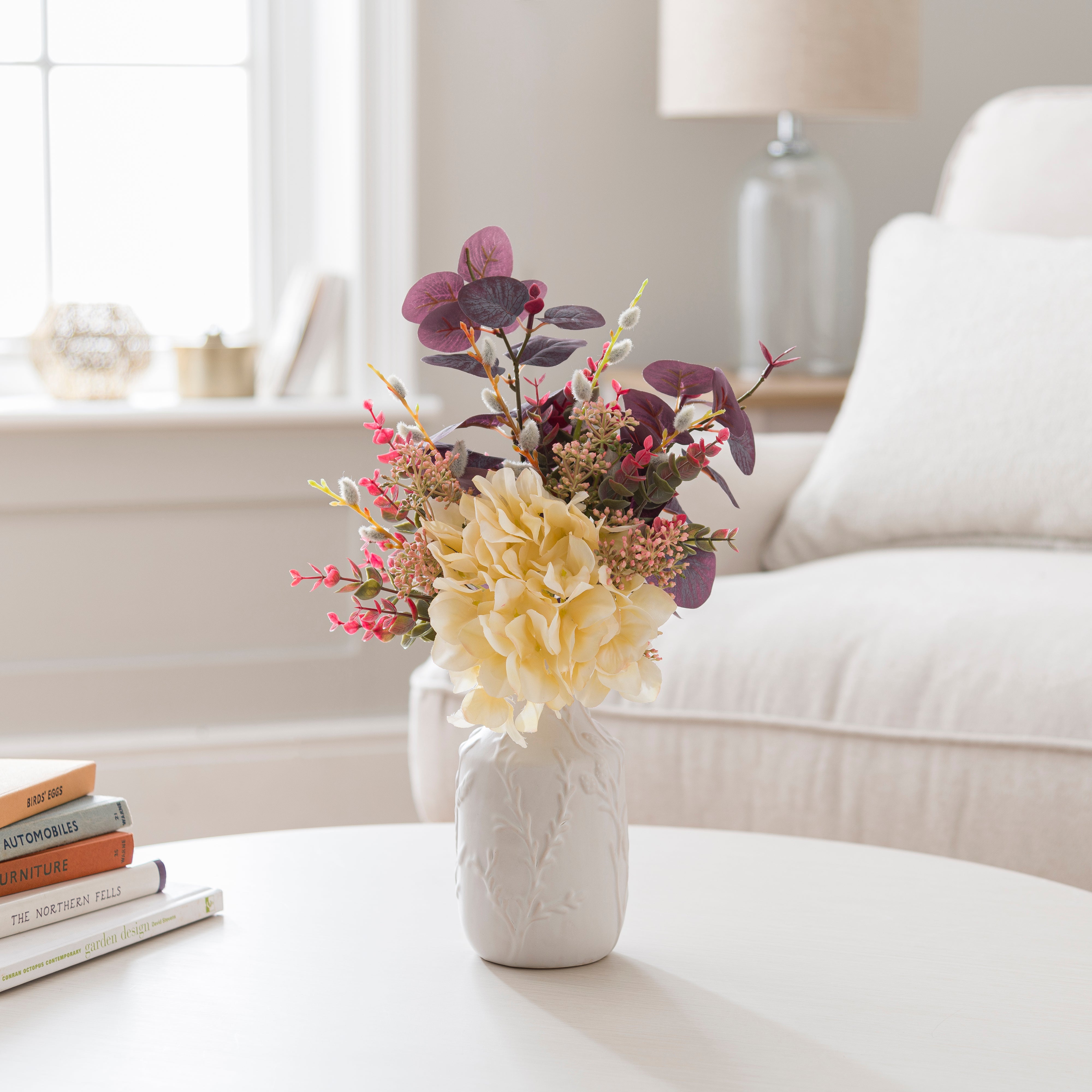 Artificial Hydrangea & Foliage Bouquet in Textured White Floral Vase