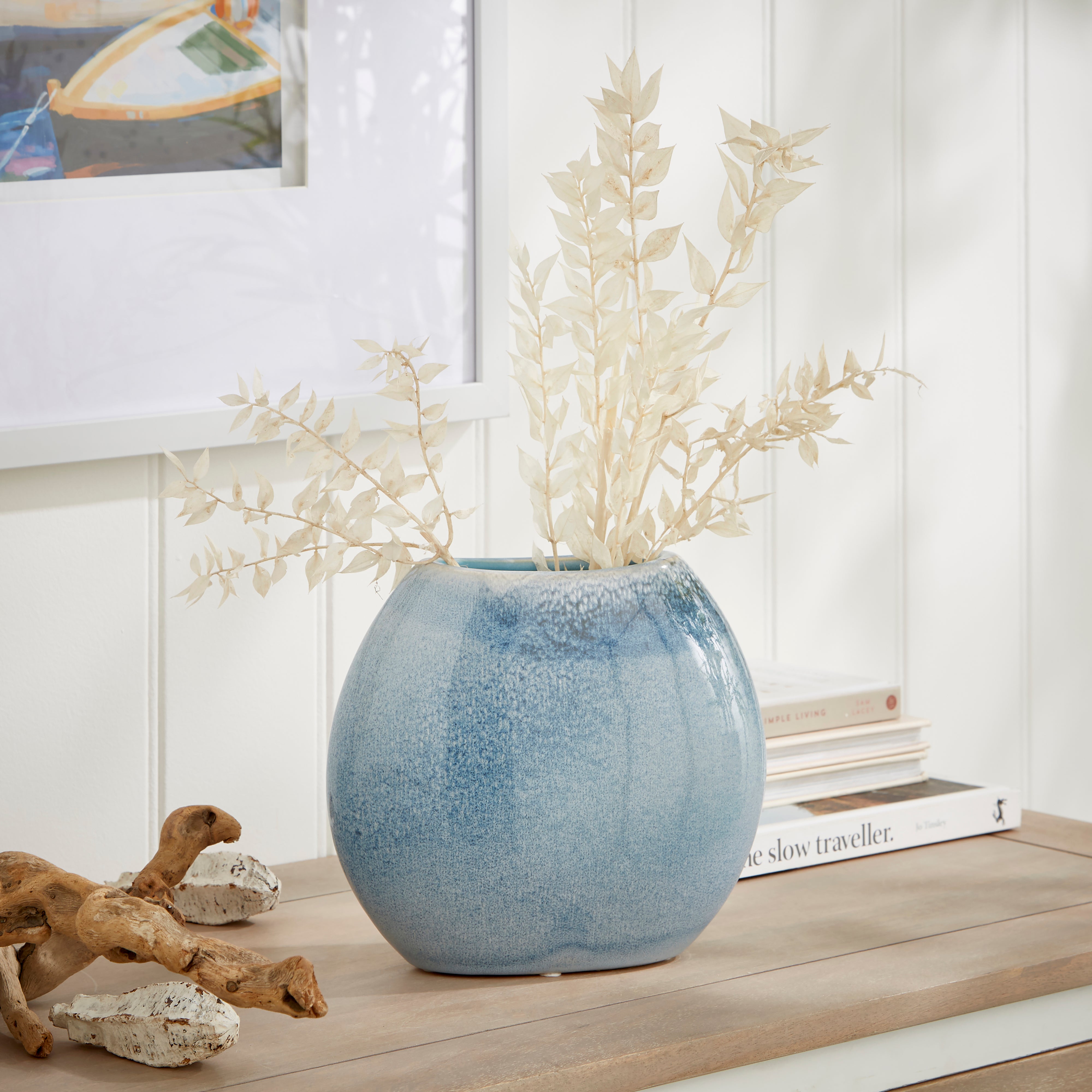 Reactive Glaze Ceramic Flat Vase Blue