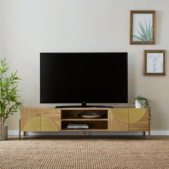 Click to view product details and reviews for Zaneta Extra Wide Tv Unit For Tvs Up To 80 Mango Wood And Brass.