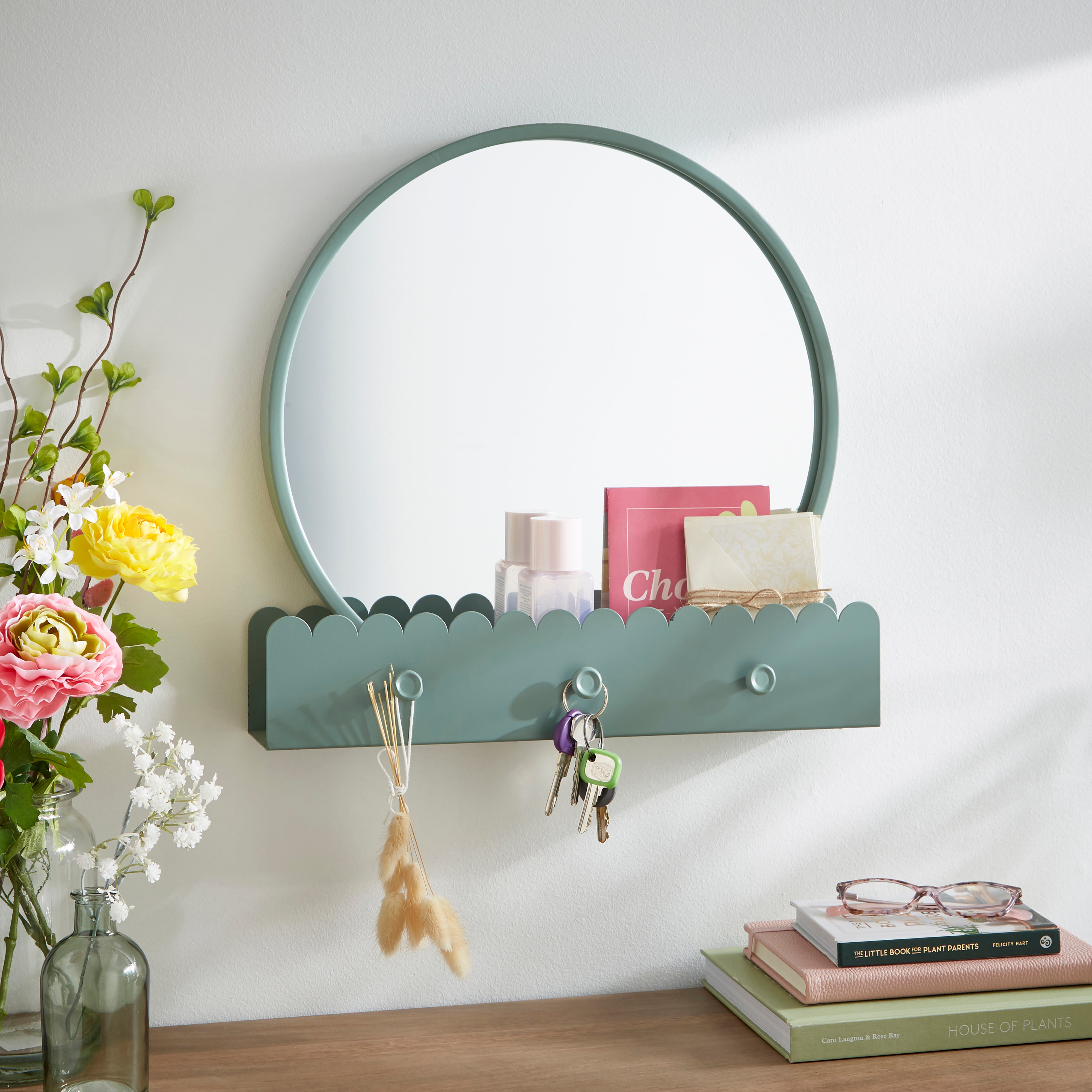 Remi Round Wall Mirror with Scalloped Shelf