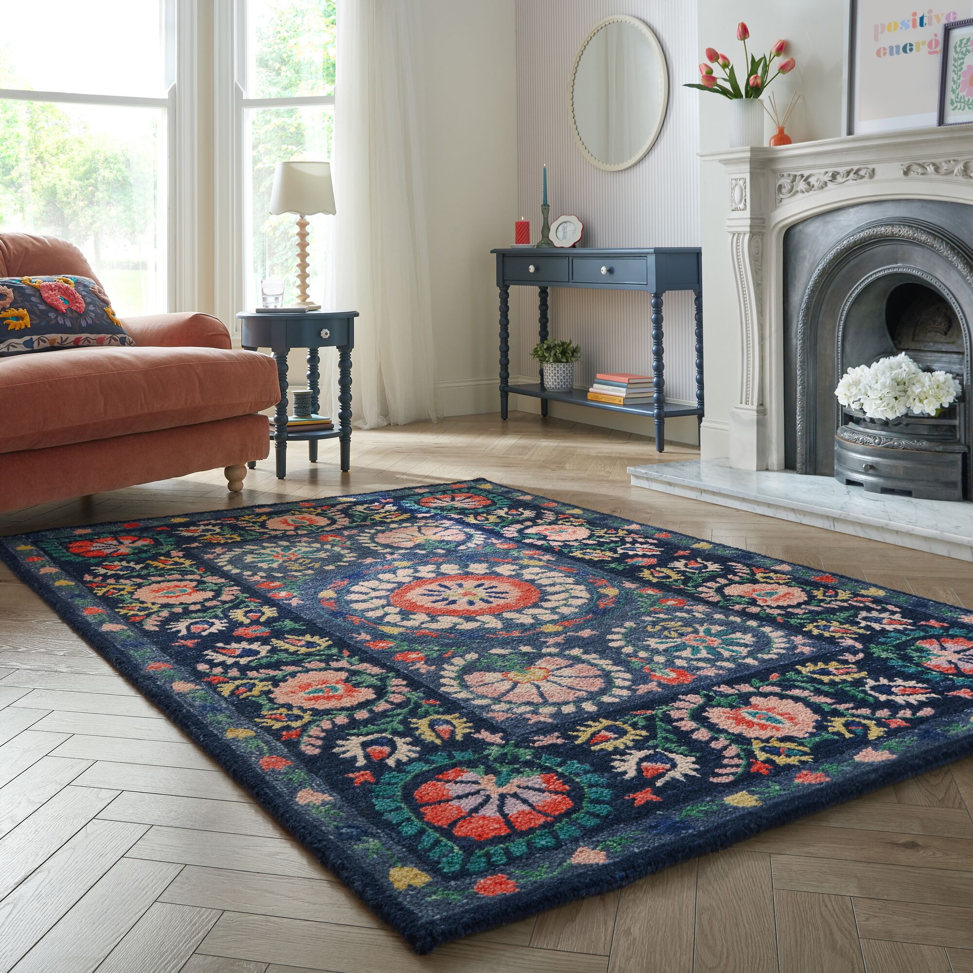 Hani Floral Wool Rug Navy