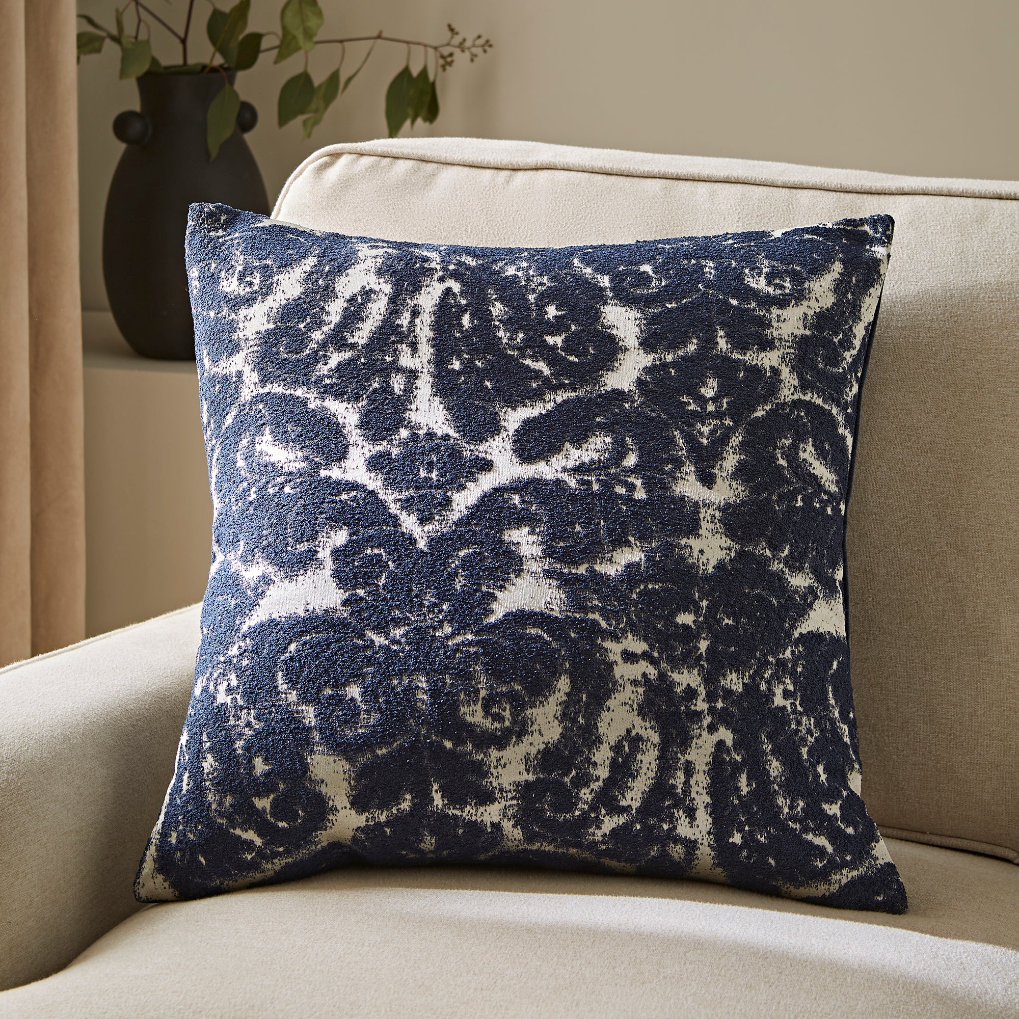 Distressed Damask Square Cushion Navy Blue