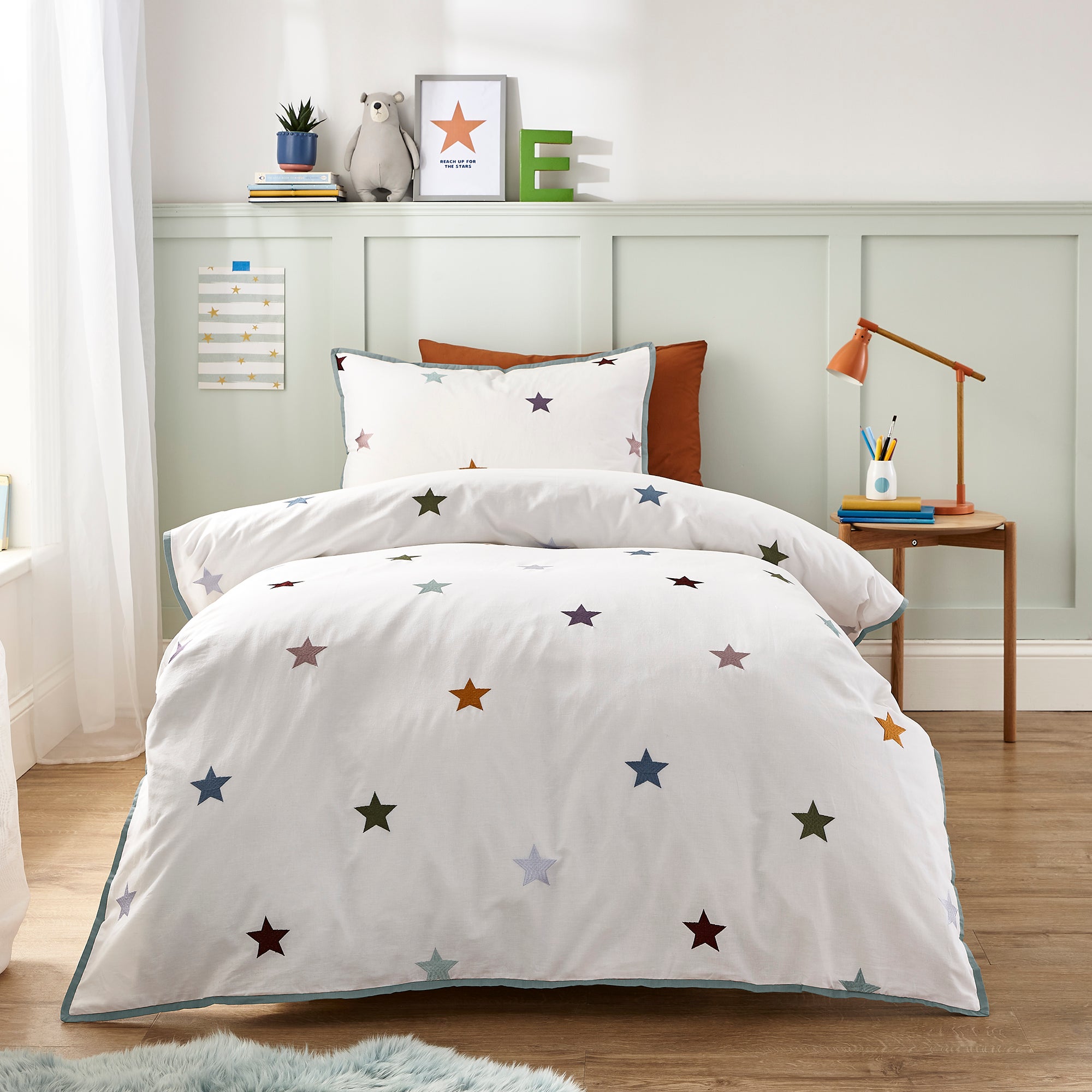 Embroidered Stars Single Duvet Cover and Pillowcase Set