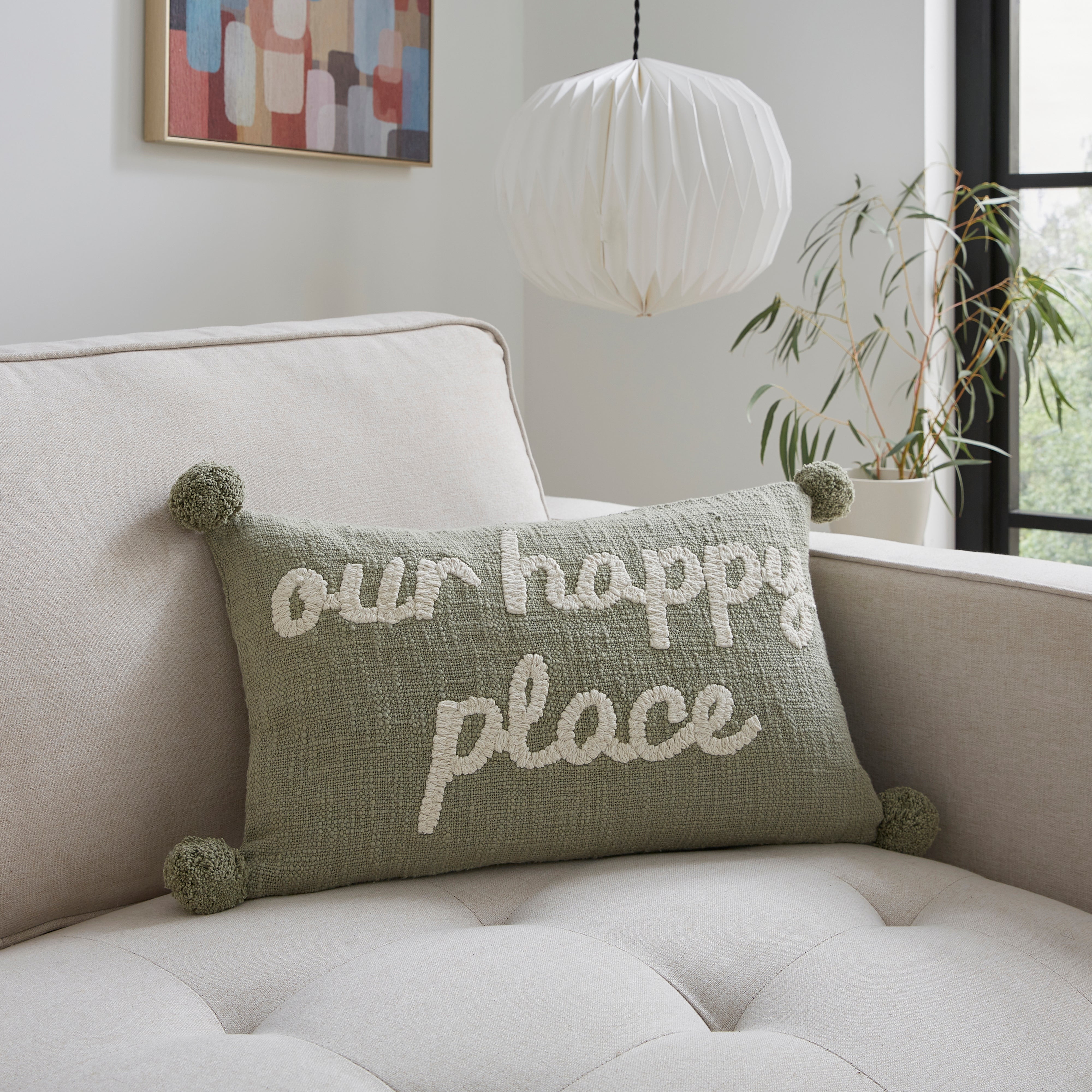 Our Happy Place Embroidered Rectangular Cushion Sage Green