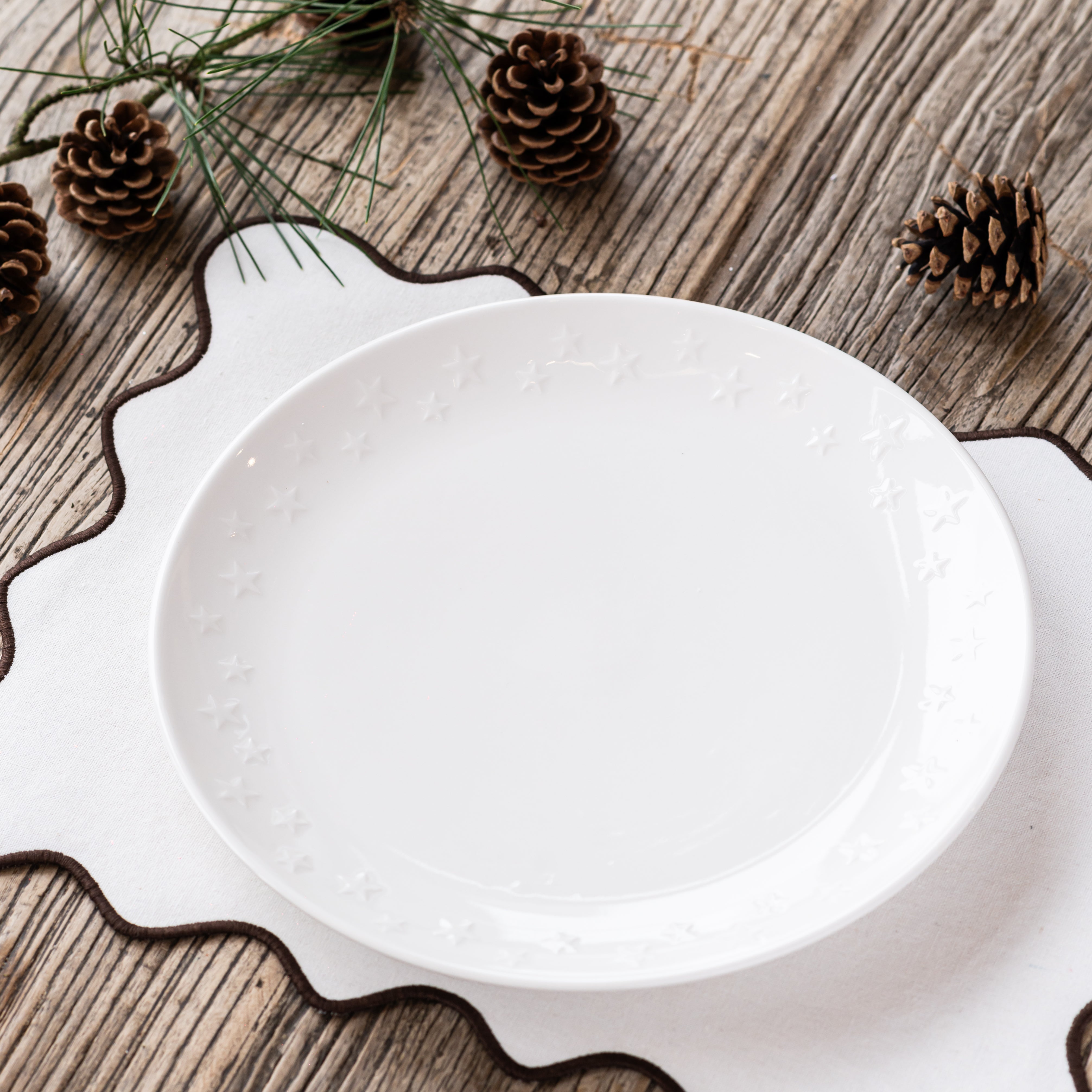 Star Embossed White Stoneware Dinner Plate