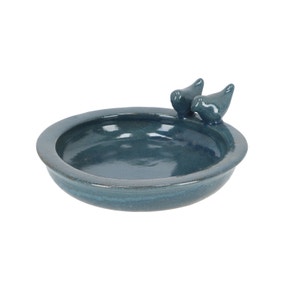 Fallen Fruits Bird Bath Petrol Blue Ceramic Round