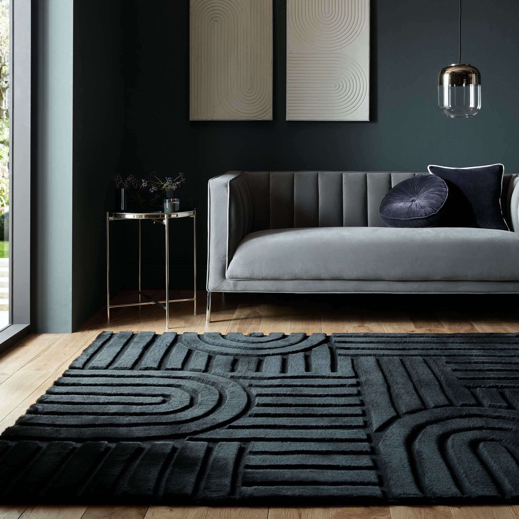 Supersoft Lush Geometric Faux Fur Arch Rug Black