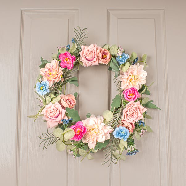 Artificial Pink and Blue Spring Florals Wreath image 1 of 8