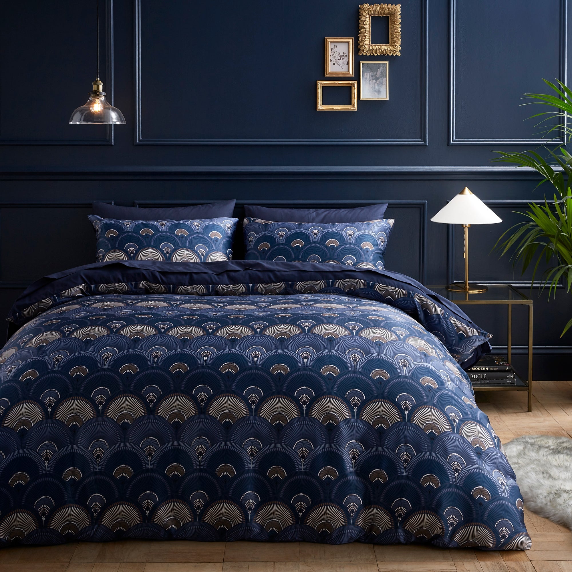 Pierre Fan Champagne Duvet Cover And Pillowcase Set Navy Blue