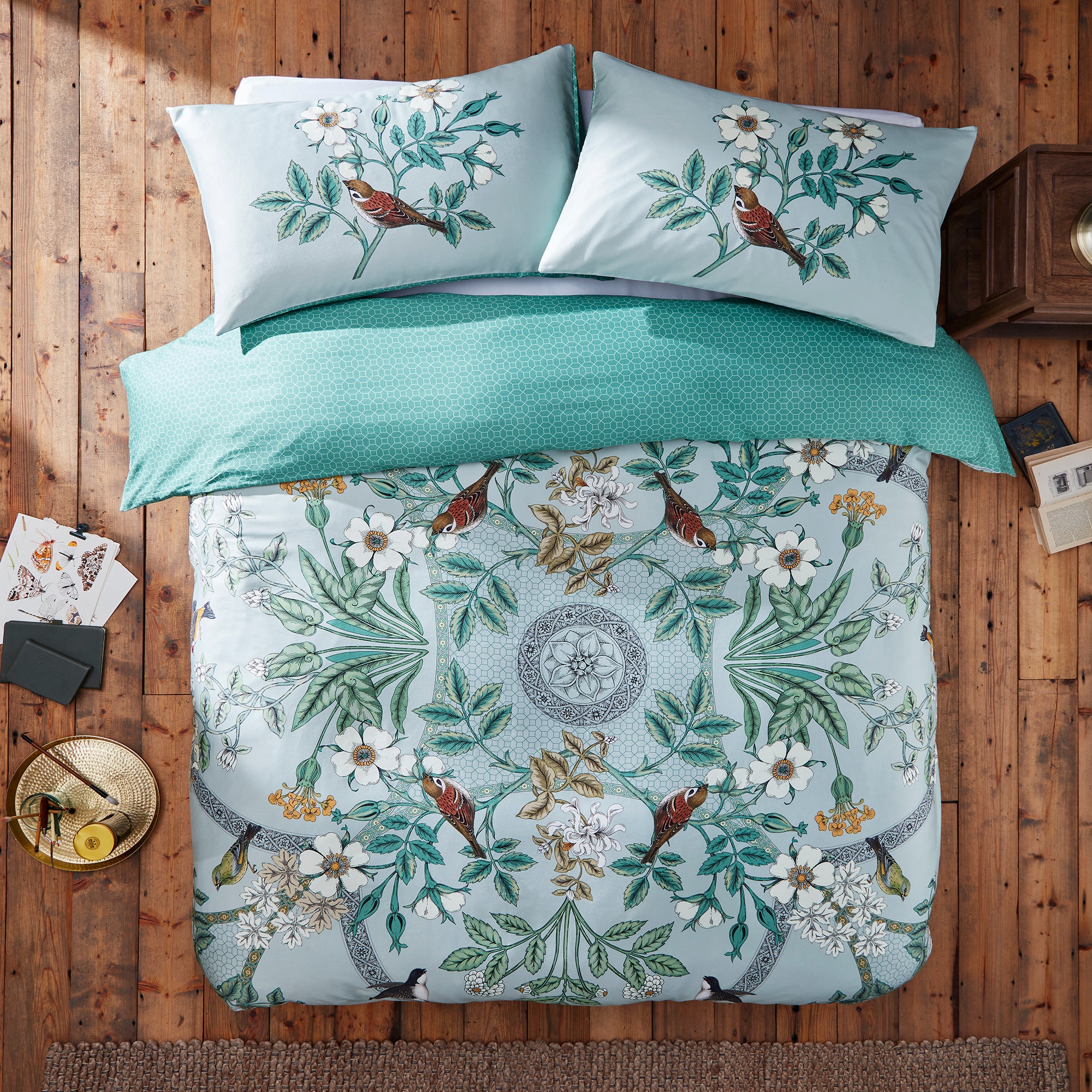 Garden Birds Sage Cotton Duvet Cover And Pillowcase Set Sage Green