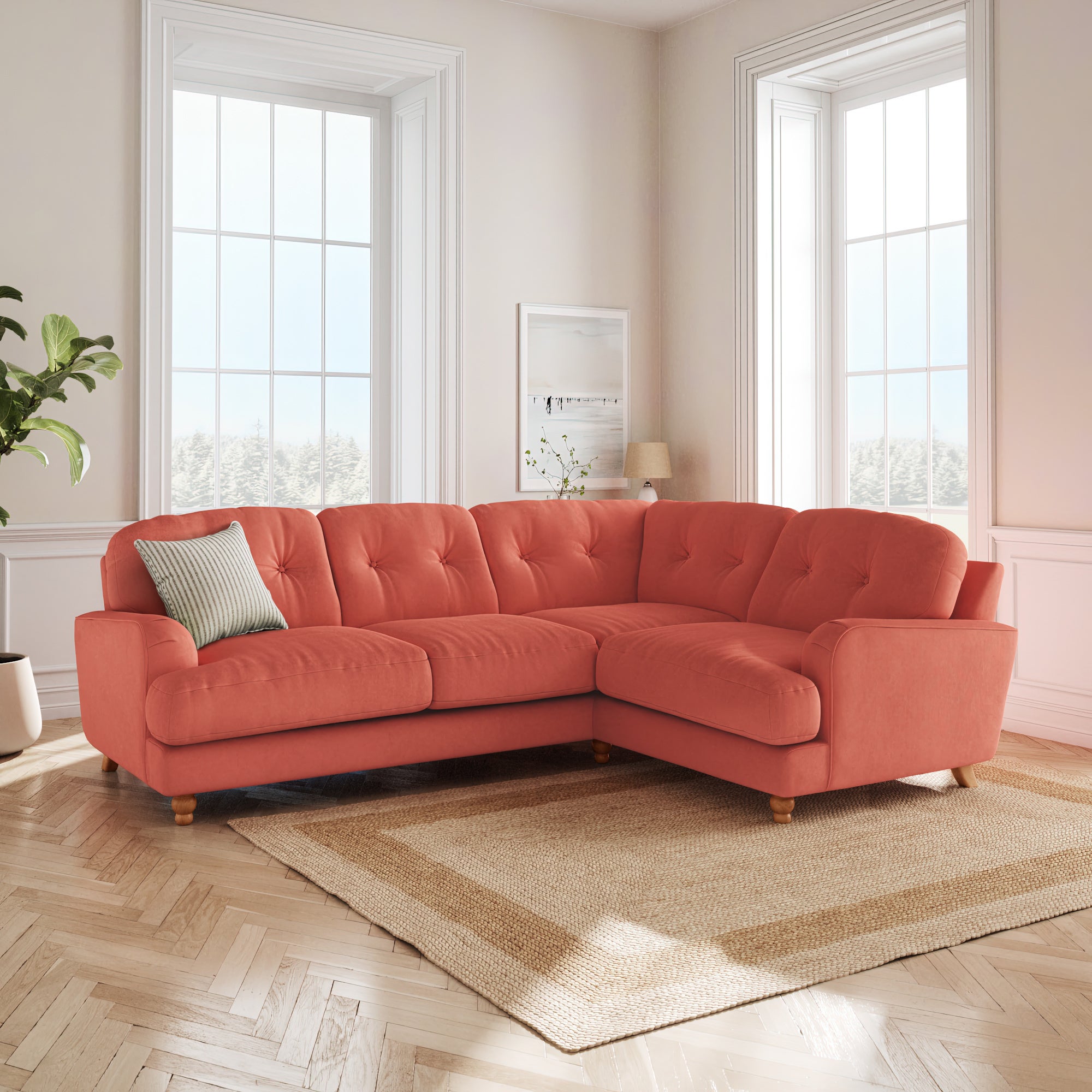 Martha Matte Plush Velvet Full Corner Sofa Matte Plush Velvet Bright Coral