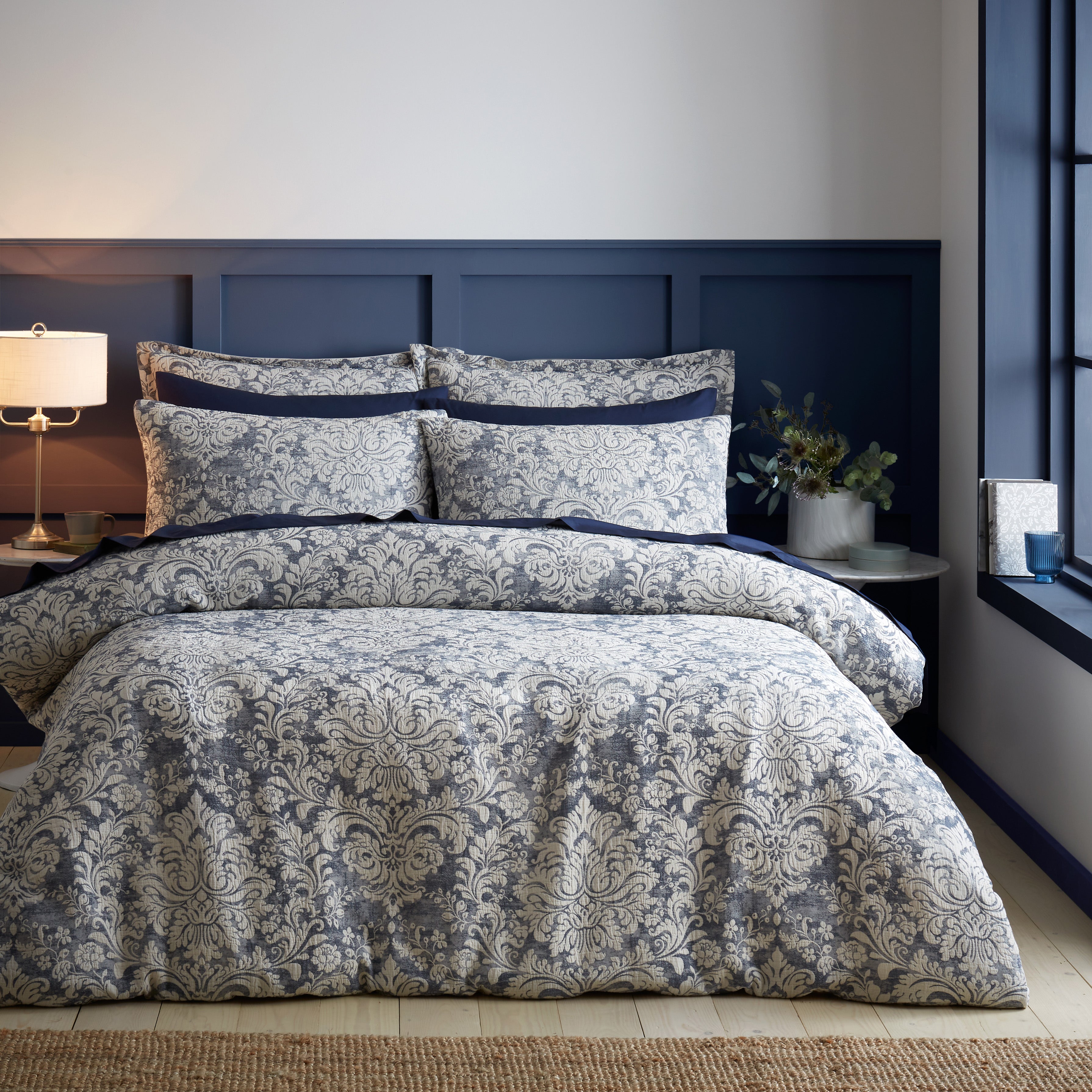 Rayna Damask Jacquard Blue Duvet Cover And Pillowcase Set Blue