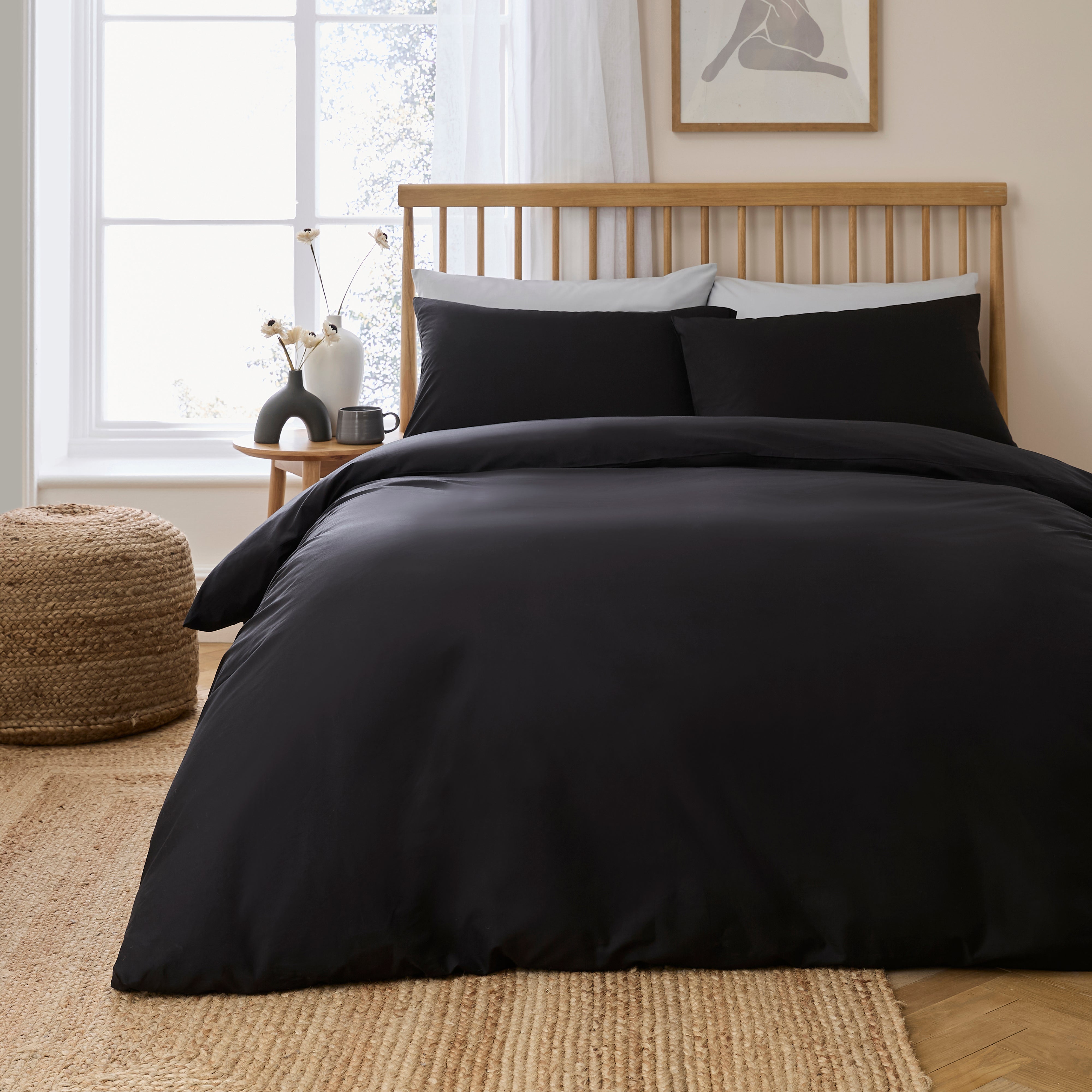 Cotton Rich Duvet Cover Pillowcase Set Black